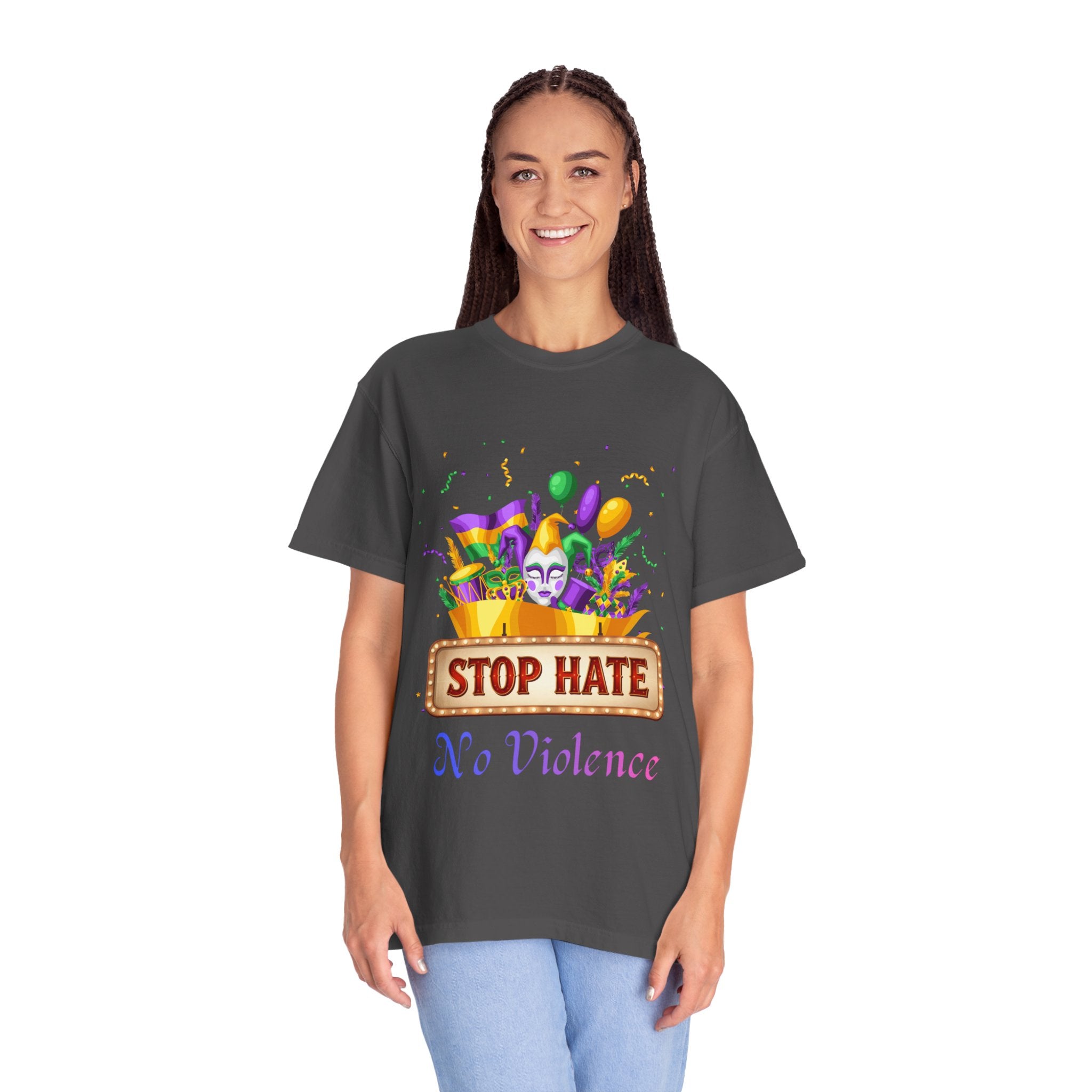 T-Shirt — "Stop Hate, No Violence" Mardi Gras Parade Design