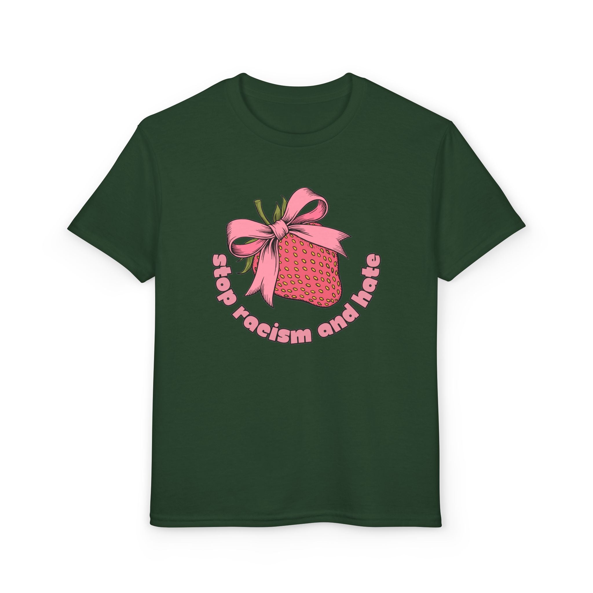 Youth T-Shirt — Cute Pink Gift Box Graphic with "Stop, Realism and Races" Slogan