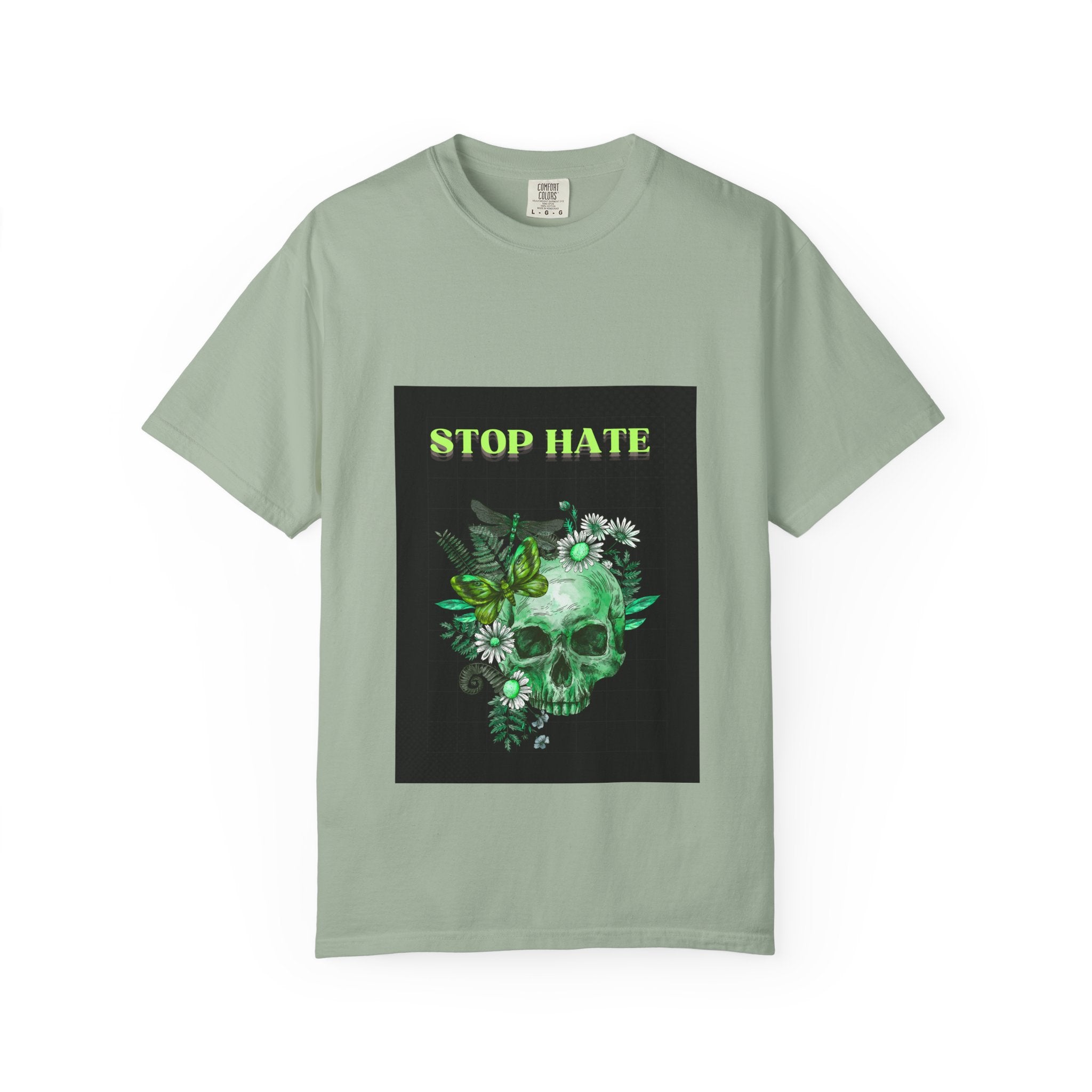 Stop Hate Skull T-Shirt — Green Floral Skull Graphic Tee
