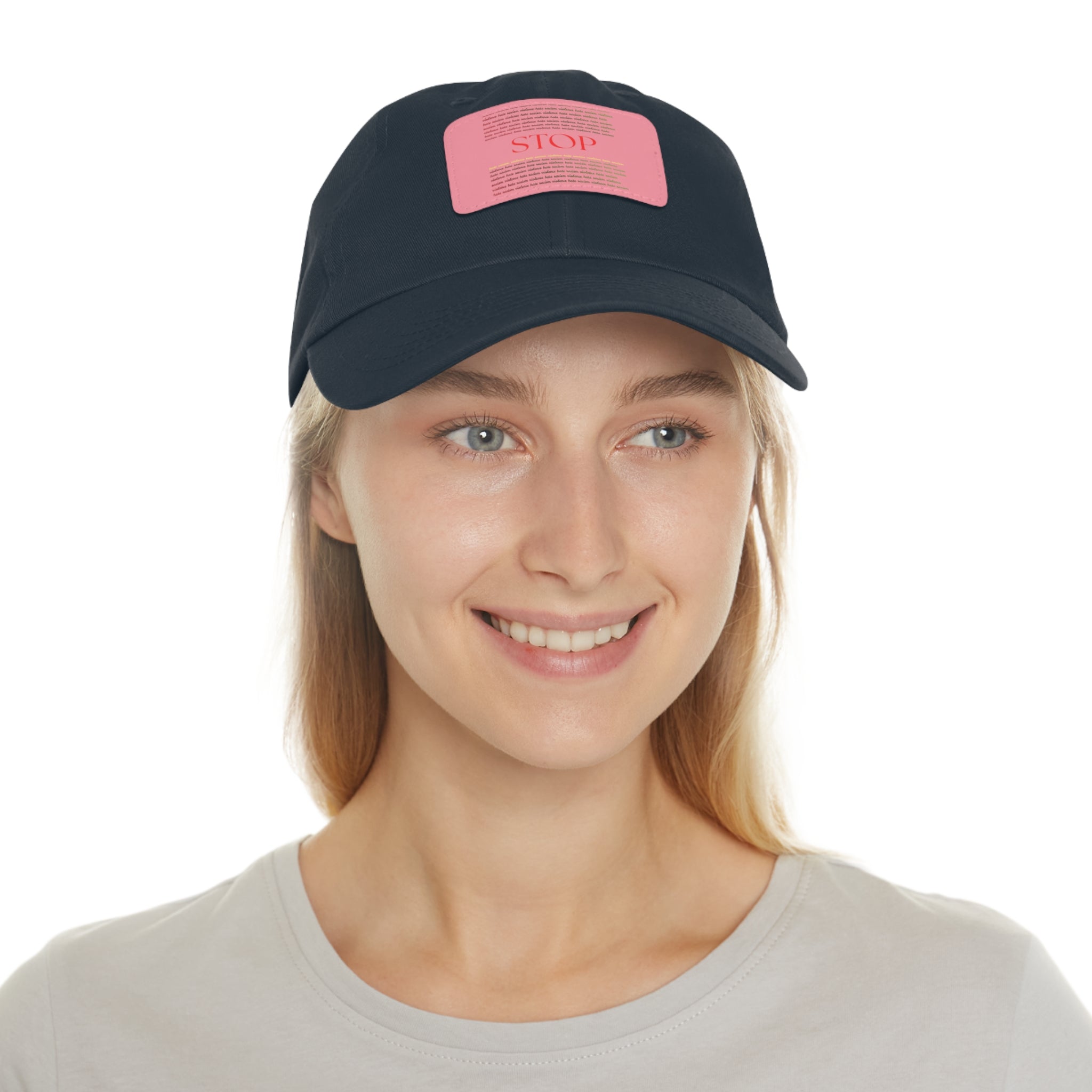 Leather Patch Dad Hat — 'STOP' Embossed Casual Baseball Cap