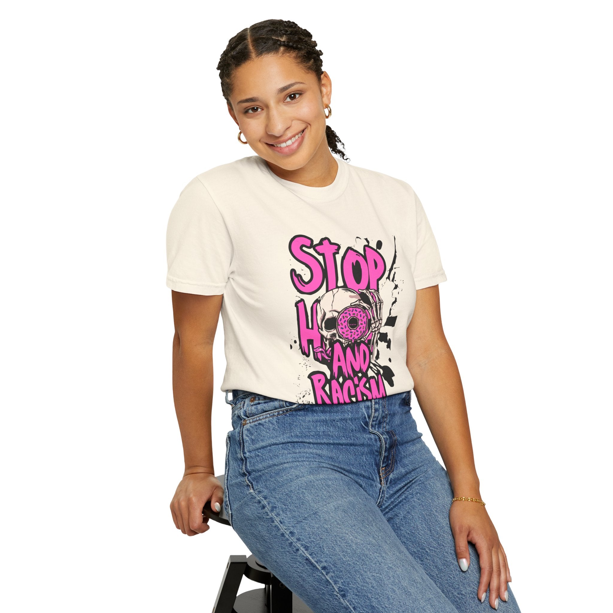 Stop H8 and Racism Graphic Tee — Anti-Racism Skull Donut Protest T-Shirt