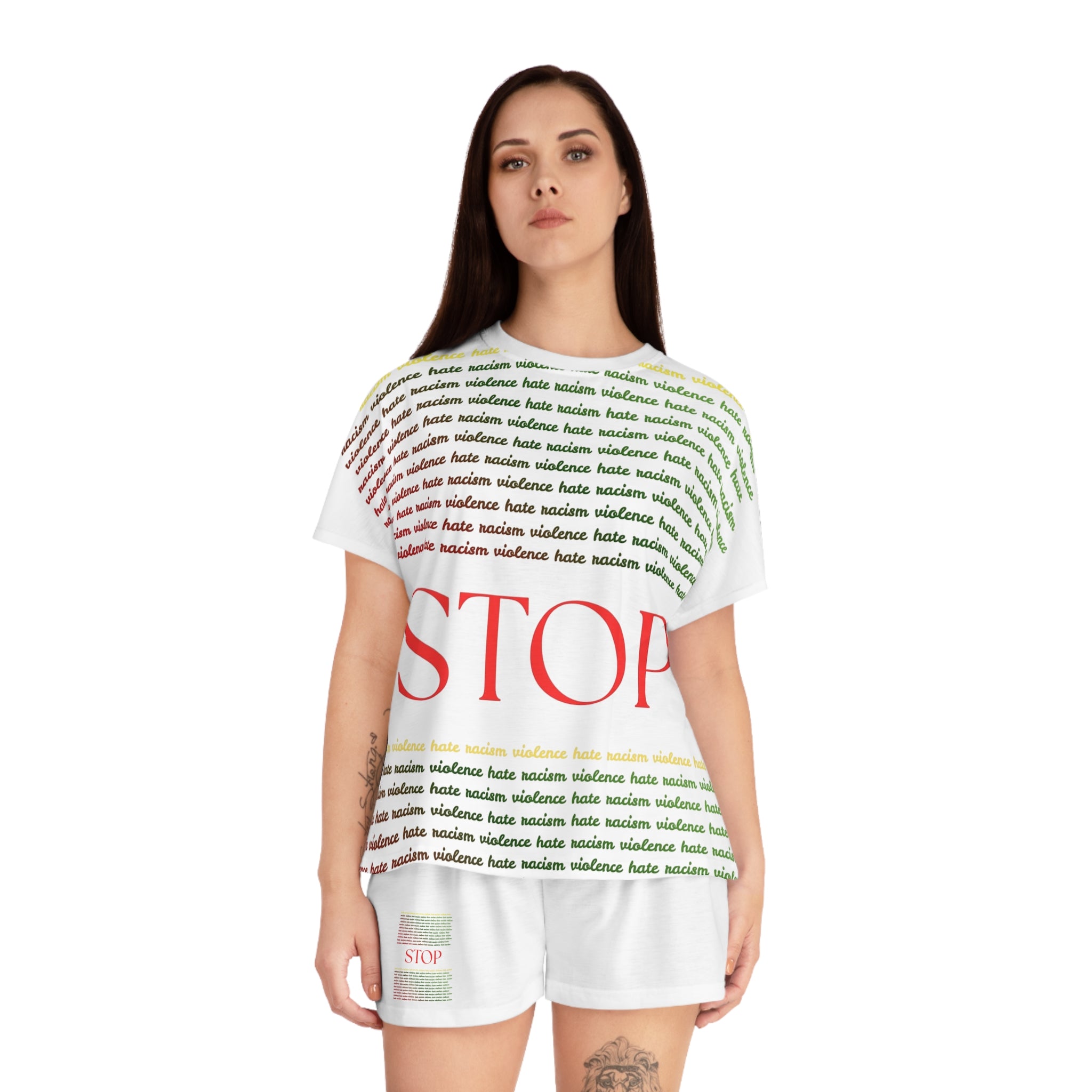 Women's 'STOP' Short Pajama Set – White Graphic Sleepwear