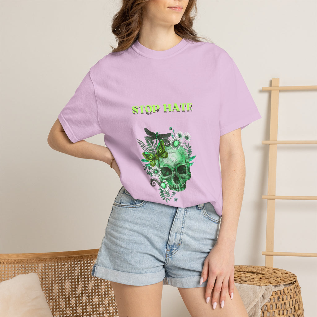Stop Hate Skull T-Shirt — Green Floral Skull Graphic Tee