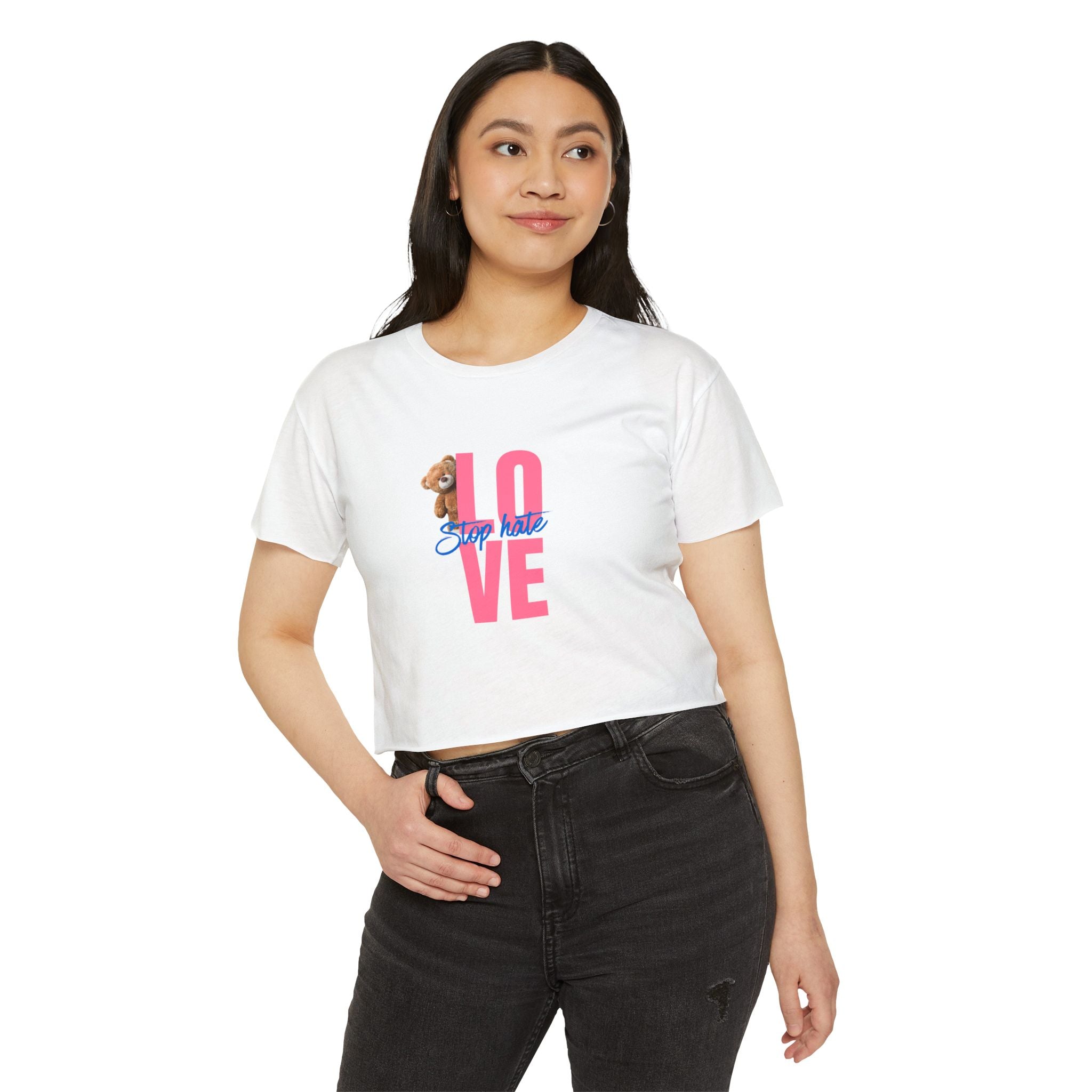 LOVE Festival Crop Top — 'Stop Hate' Pink Teddy Graphic
