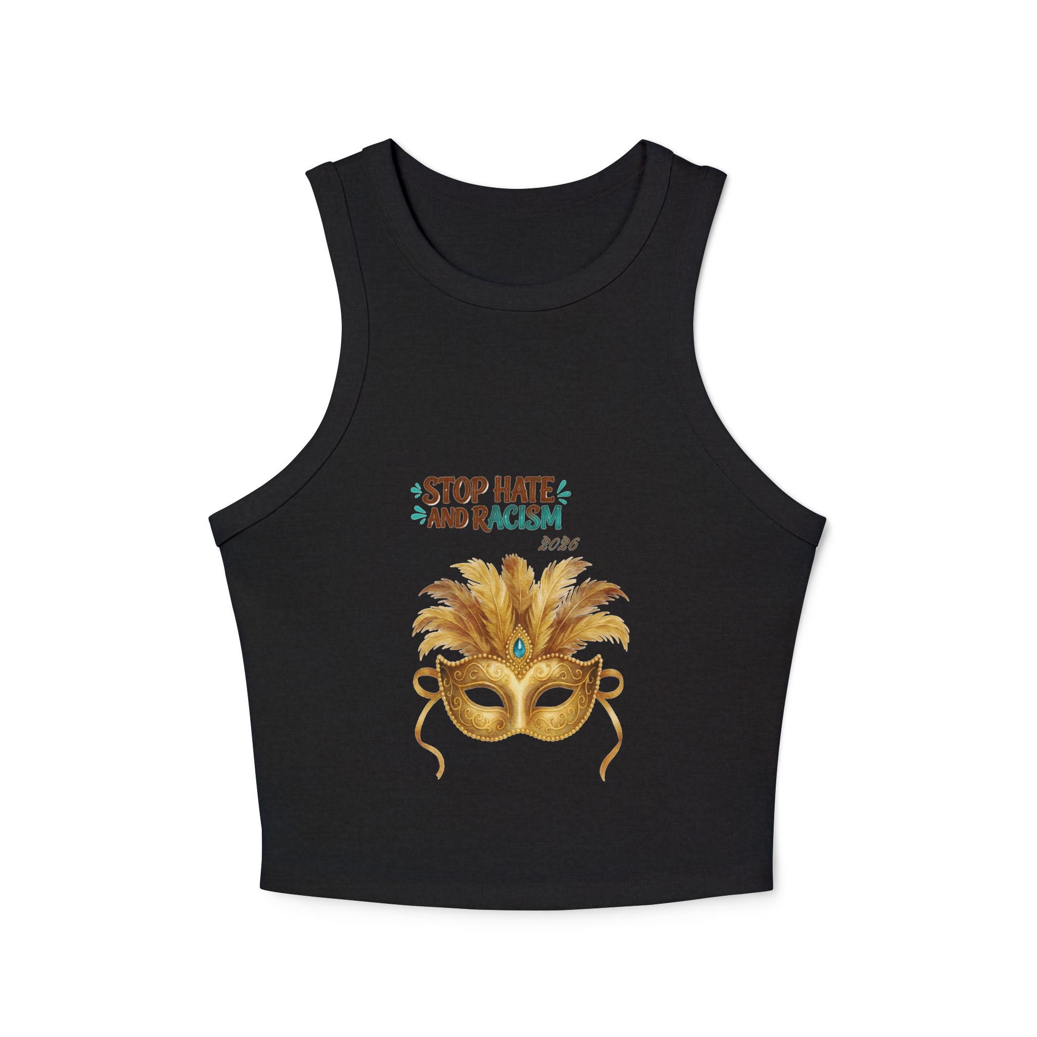 Mardi Gras Feather Mask Tank — "Stop Hate and Racism" Women's Racer Crop