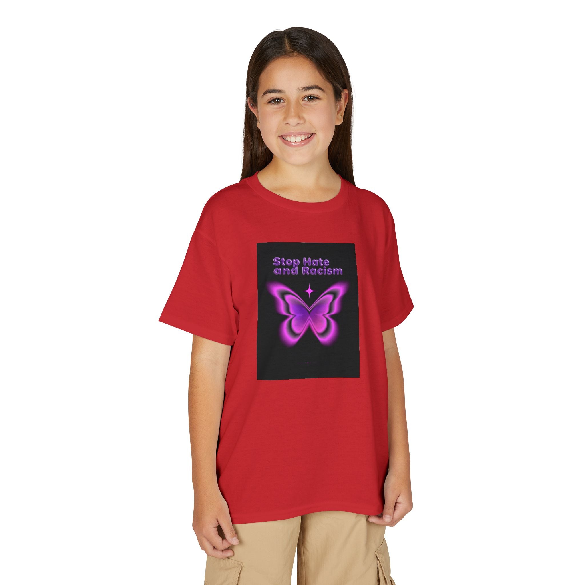 Youth T-Shirt — "Stop Hate and Racism" Pink Butterfly Anti-Racism Tee