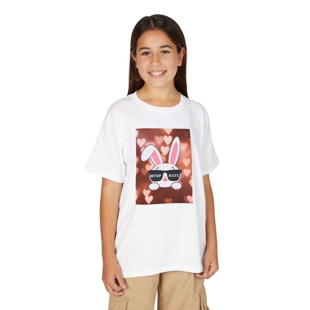 Youth T-Shirt — Cute Bunny with 'Stop the Hate' Sunglasses | Kids Anti-Bullying Tee