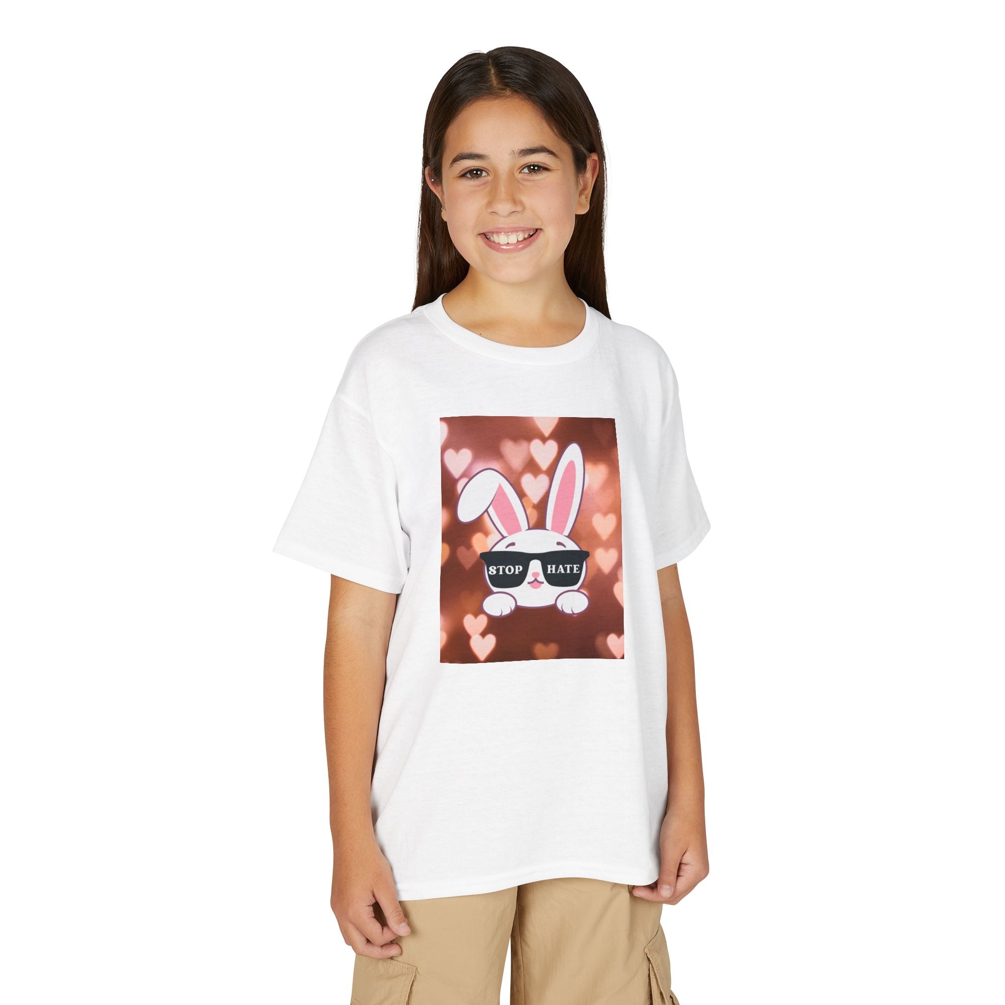 Youth T-Shirt — Cute Bunny with 'Stop the Hate' Sunglasses | Kids Anti-Bullying Tee