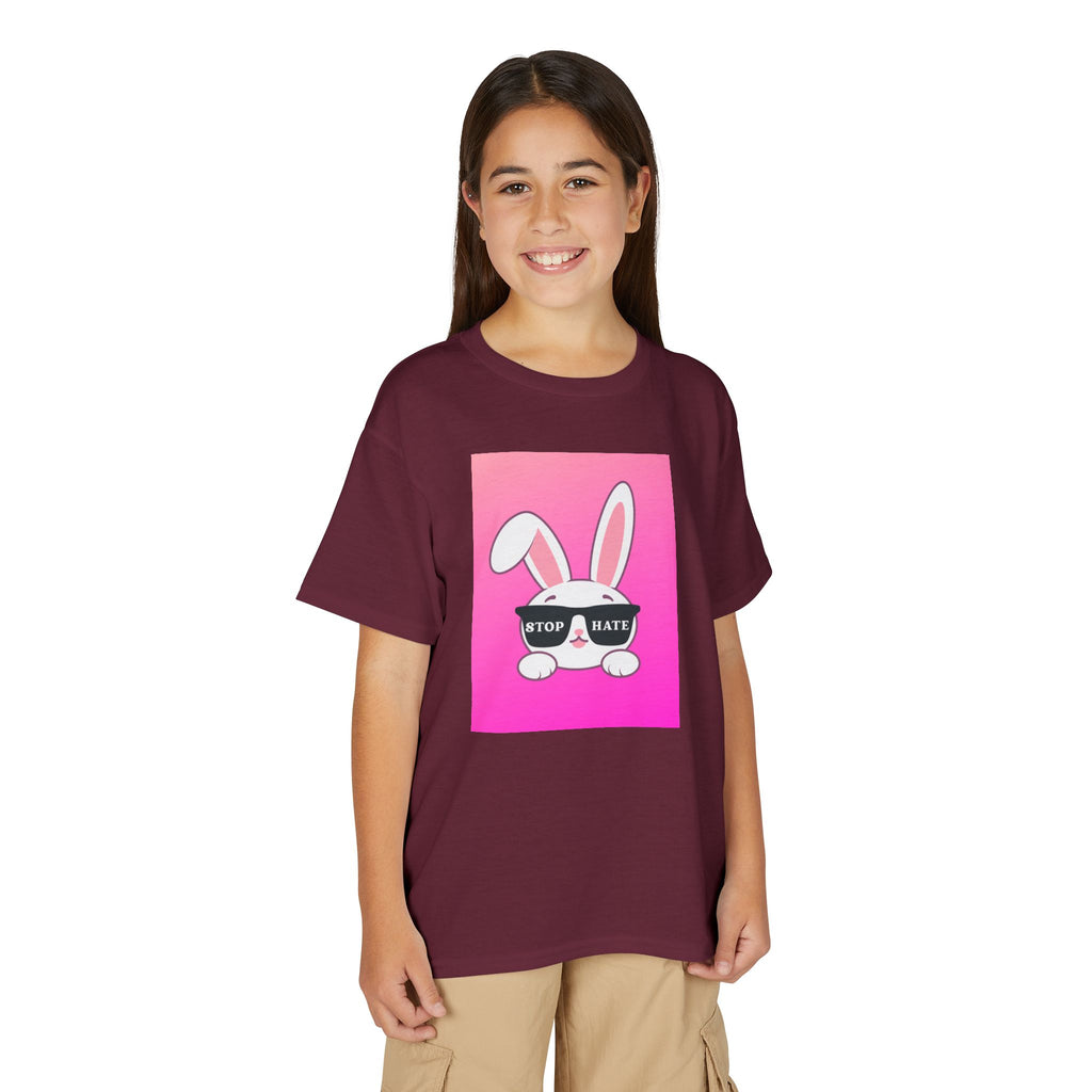 Youth T-Shirt — Pink Bunny "Stop Hate" Graphic