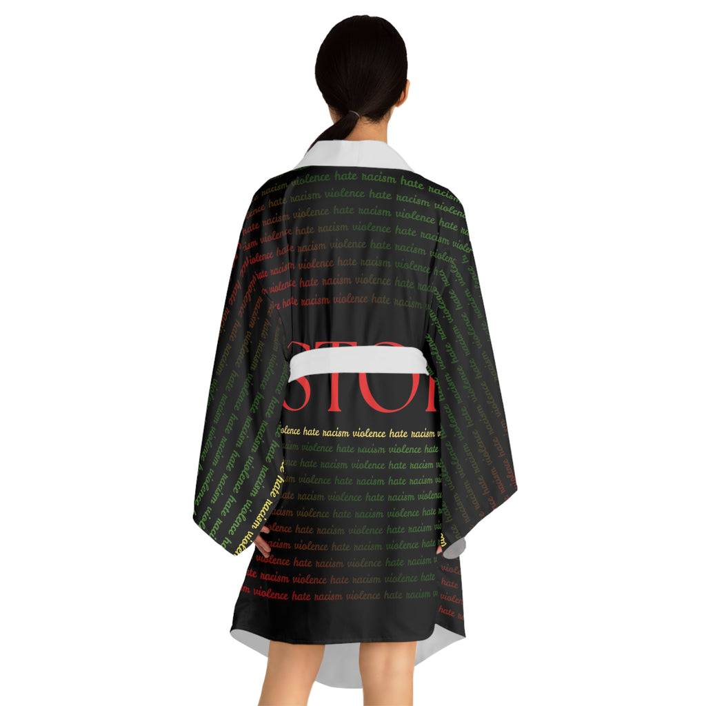 Stop Pattern Kimono Robe — Anti-Violence Statement Long Sleeve Robe