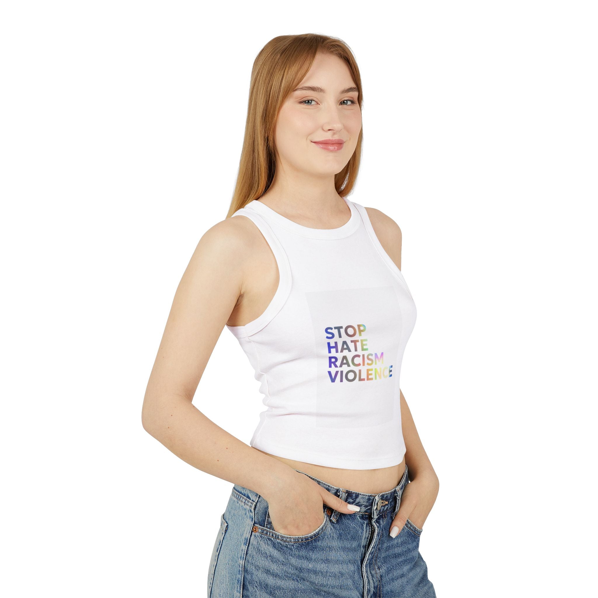 Racer Tank — "STOP HATE RACISM VIOLENCE" Rainbow Social Justice Crop