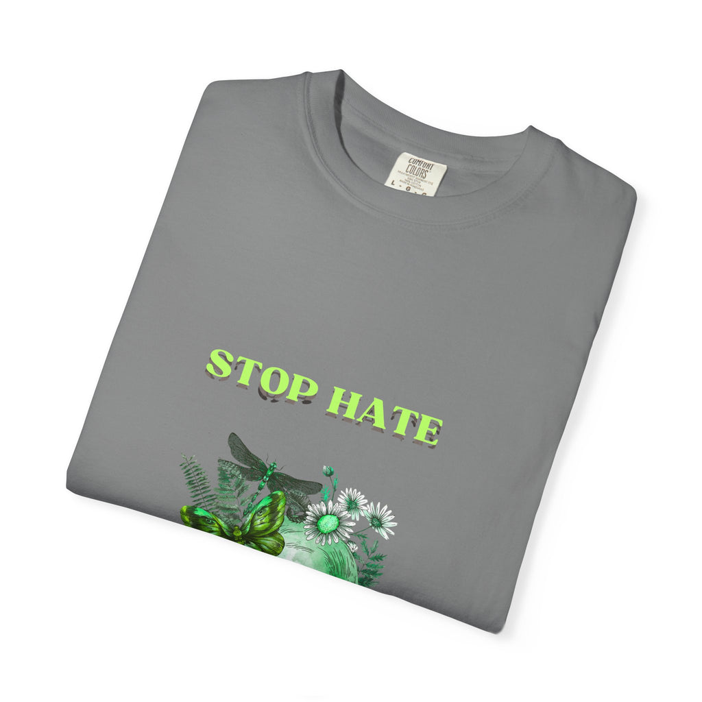 Stop Hate Skull T-Shirt — Green Floral Skull Graphic Tee