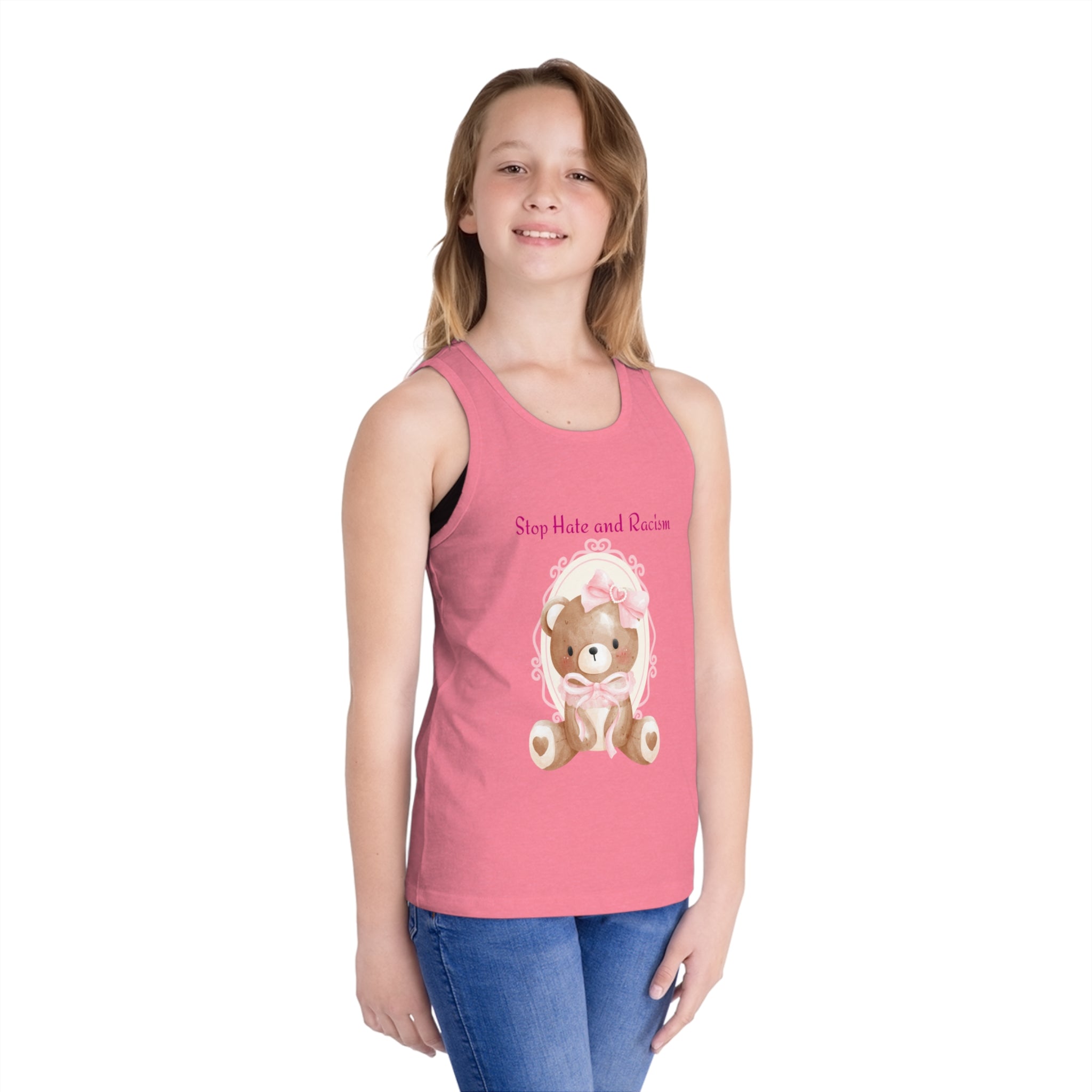 Kids Tank Top — "Stop Hate and Racism" Teddy Bear Graphic