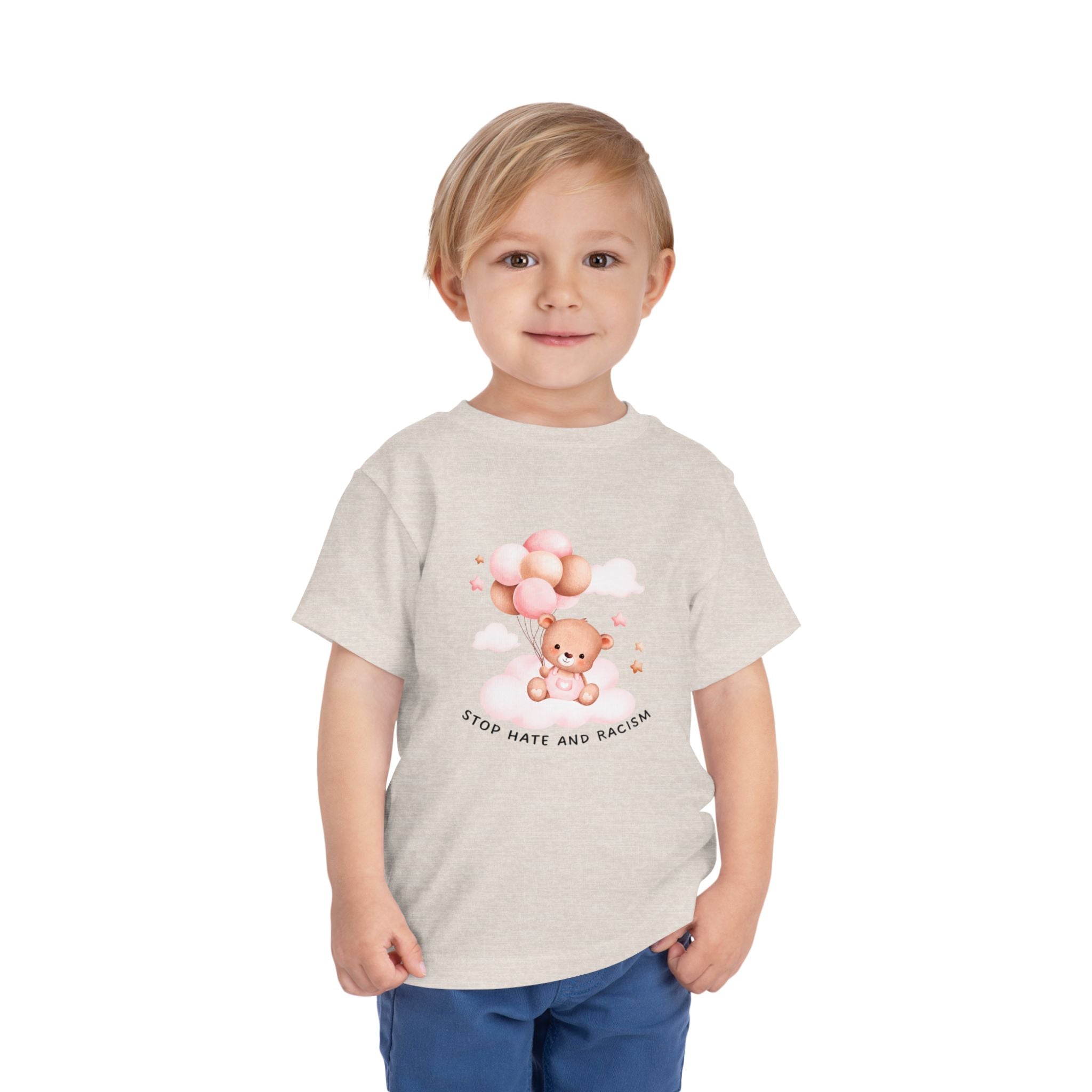 Toddler Tee — Cute Teddy with Balloons “Stop Hate and Racism”