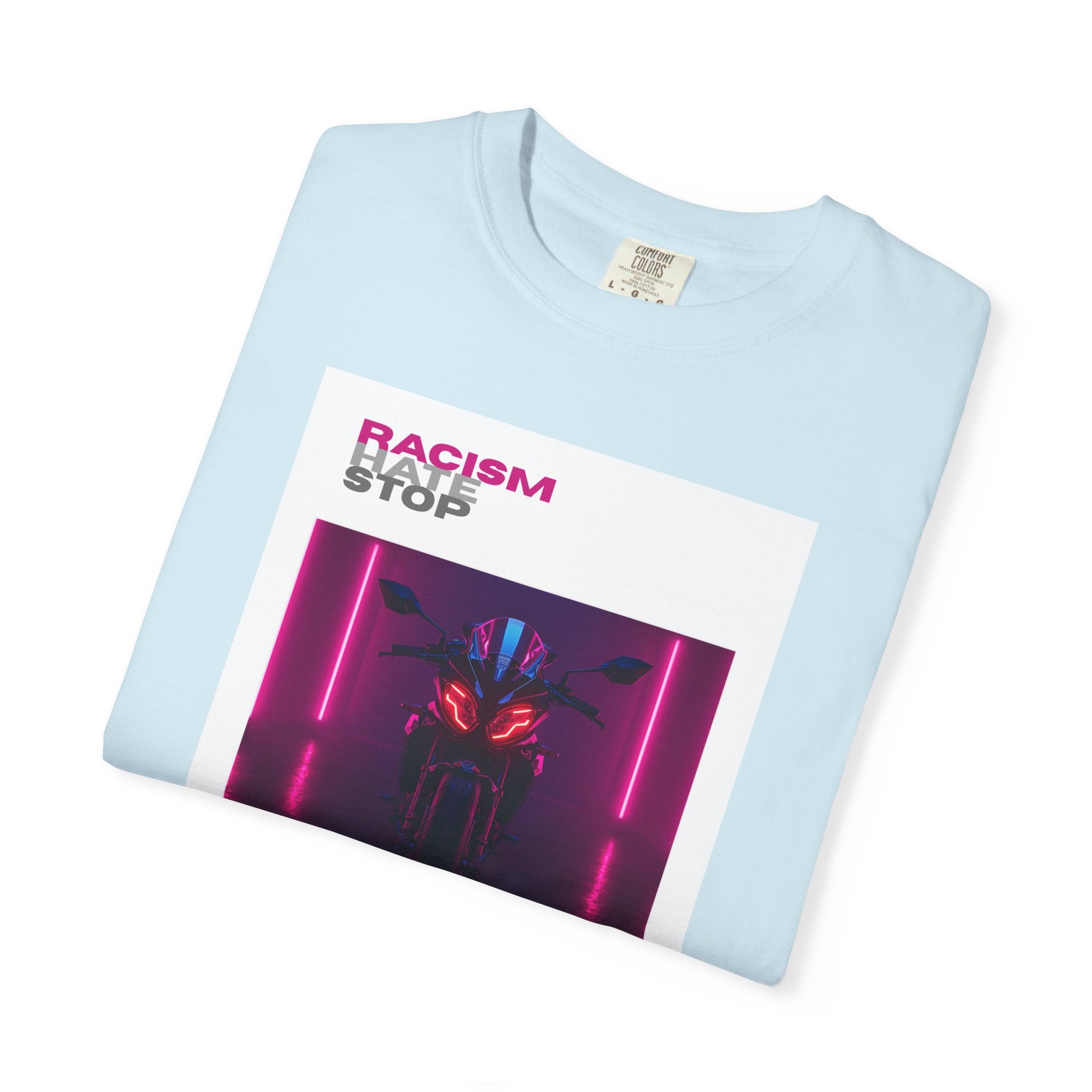 Anti-Racism Graphic T-Shirt — “Racism Stop” Neon Robot Design