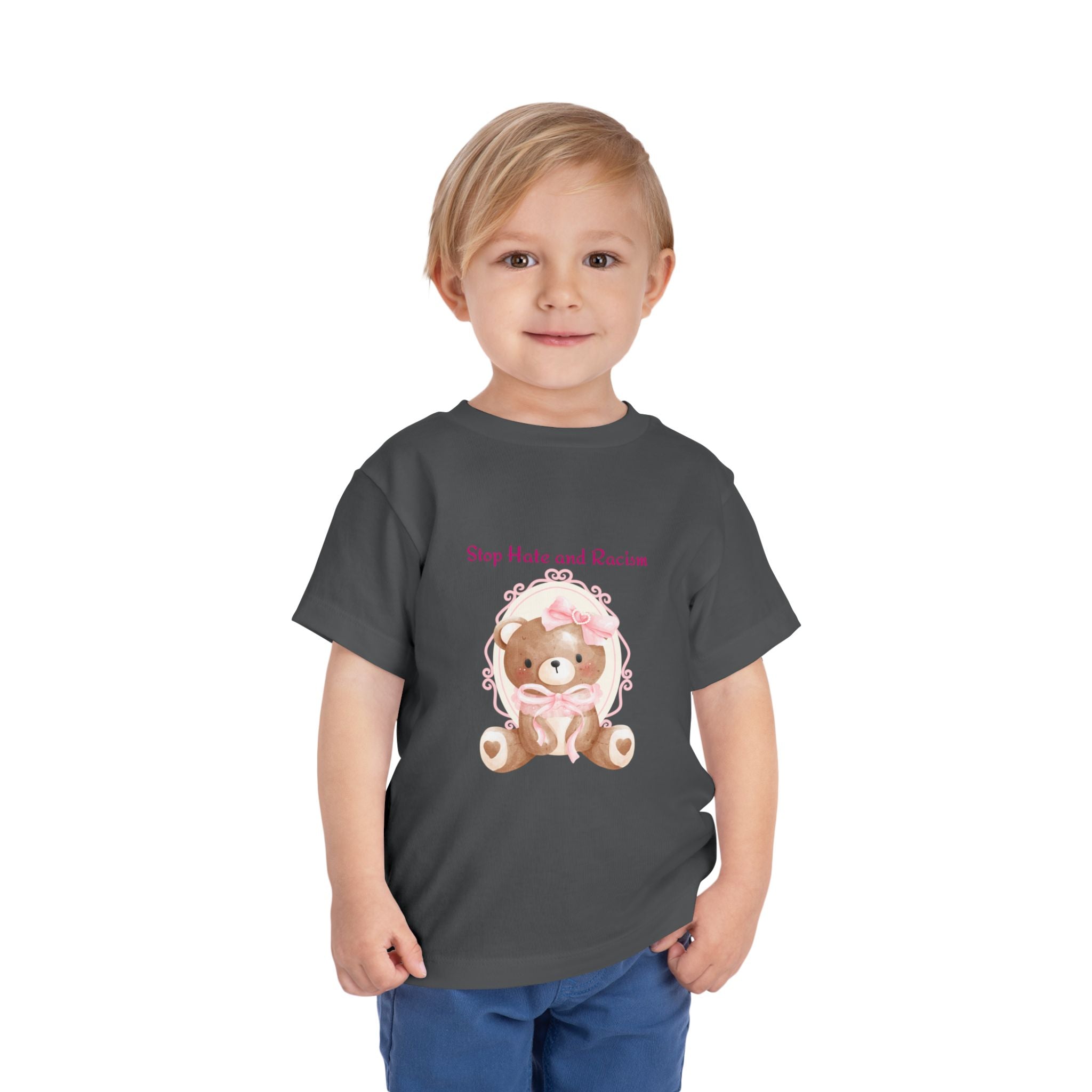 Toddler Tee – Pink Teddy "Stop Hate and Racism" Anti-Racism Kids Shirt