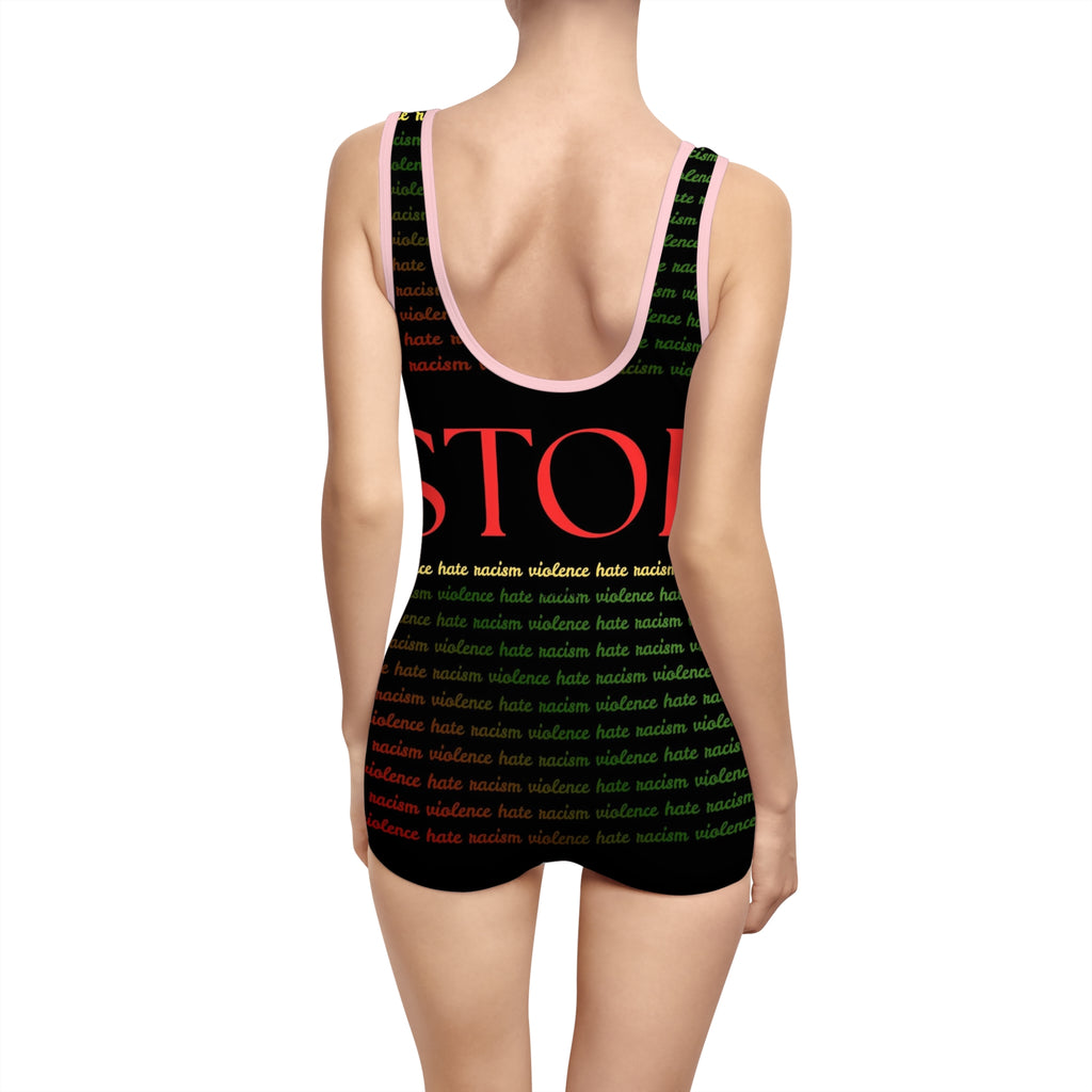 Vintage "Stop Racism" One-Piece Swimsuit — Retro Activist Bathing Suit