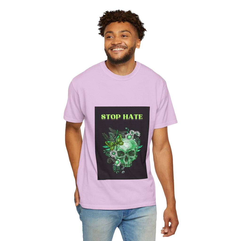 Stop Hate Skull T-Shirt — Green Floral Skull Graphic Tee