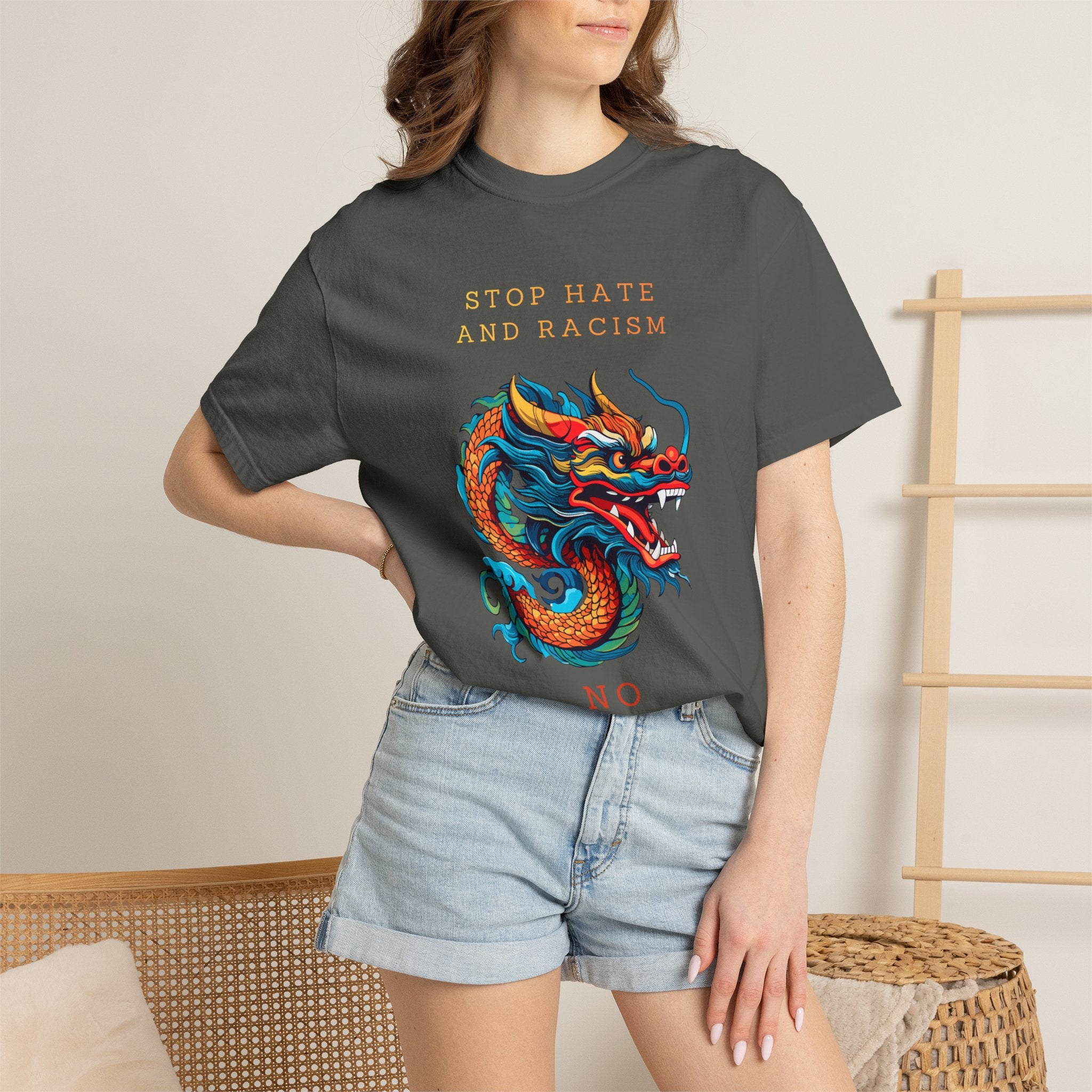 T-Shirt — 'Stop Hate and Racism, No Violence' Dragon Graphic Tee