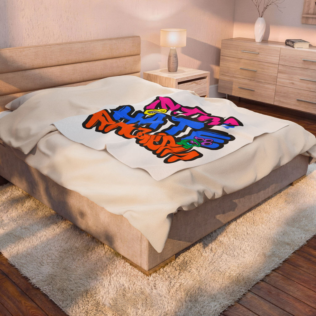 Velveteen Plush Blanket — "Stop Hate Racism" Colorful Graffiti Anti-Racism Throw