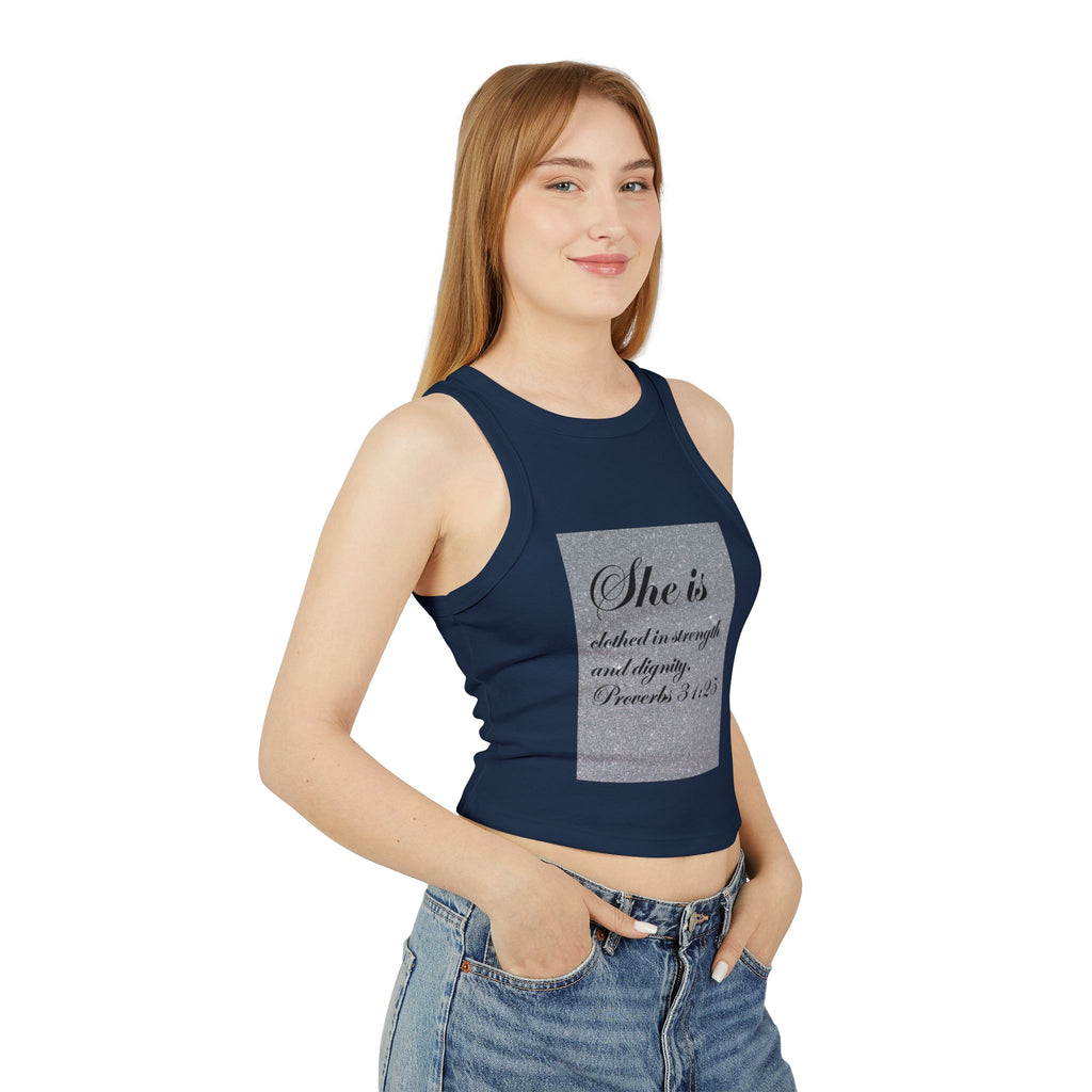 Proverbs 31:25 'She Is Clothed in Strength' Women's Ribbed Racer Tank