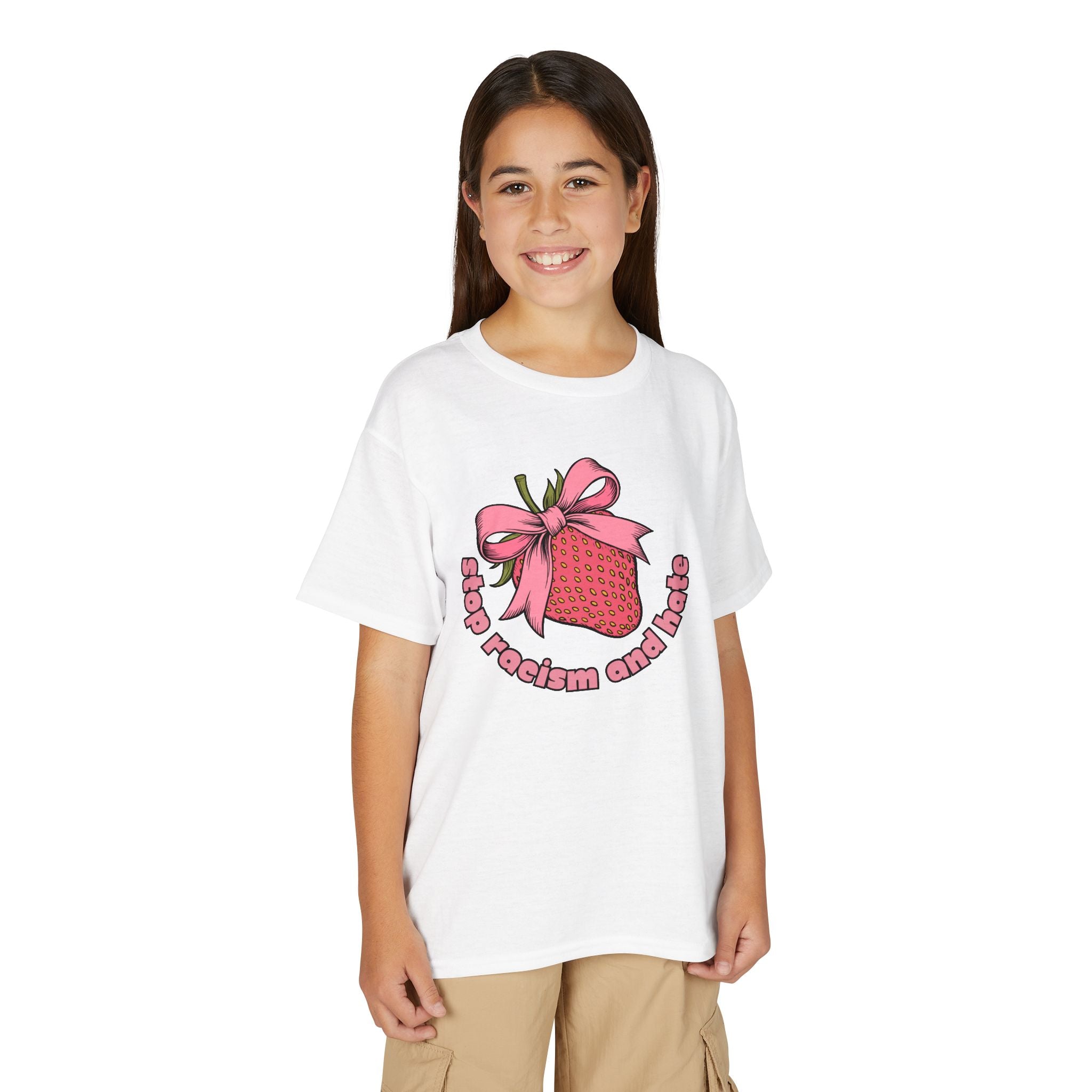 Youth T-Shirt — Cute Pink Gift Box Graphic with "Stop, Realism and Races" Slogan