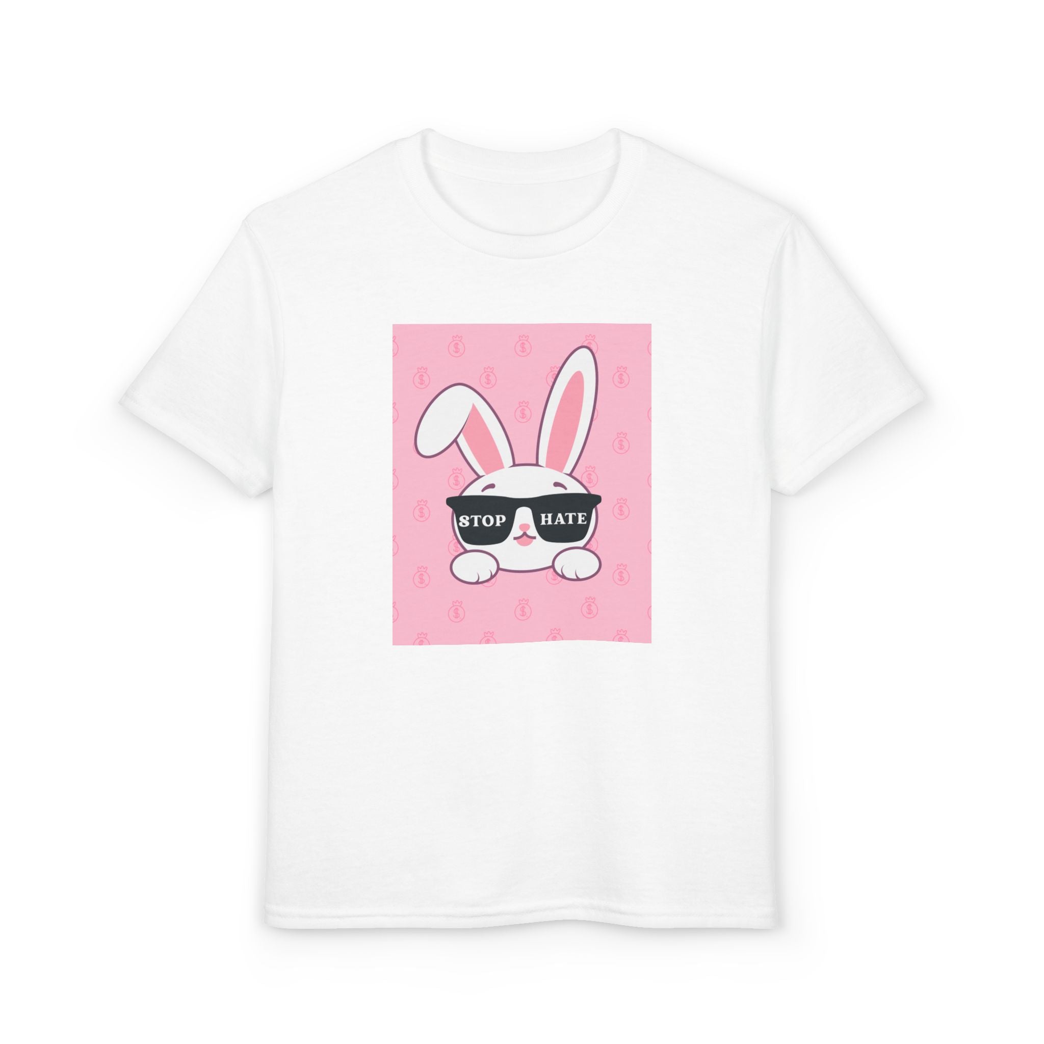 Youth T-Shirt — Pink Bunny Wearing "Stop Hate" Sunglasses Kids Tee