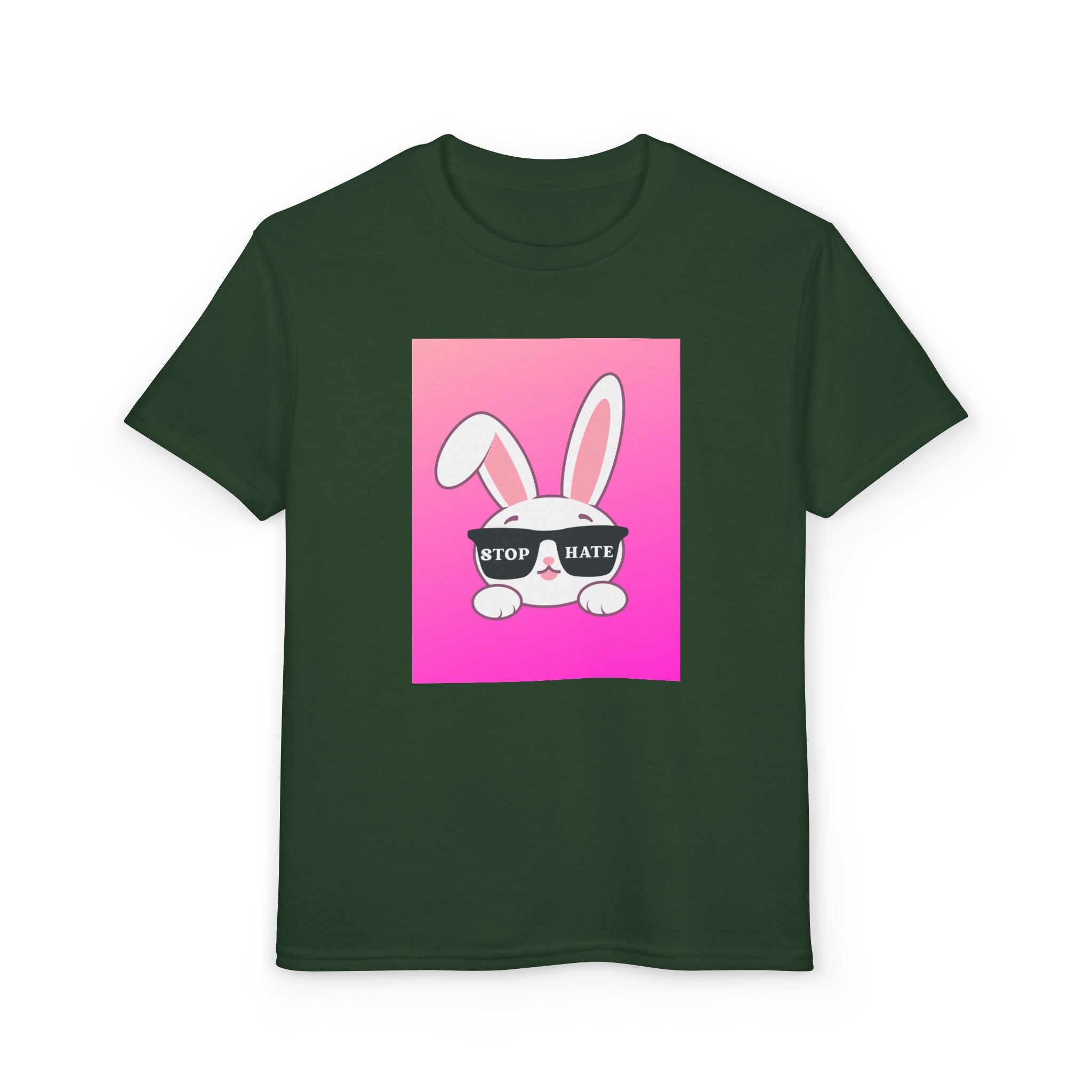 Youth T-Shirt — Pink Bunny "Stop Hate" Graphic