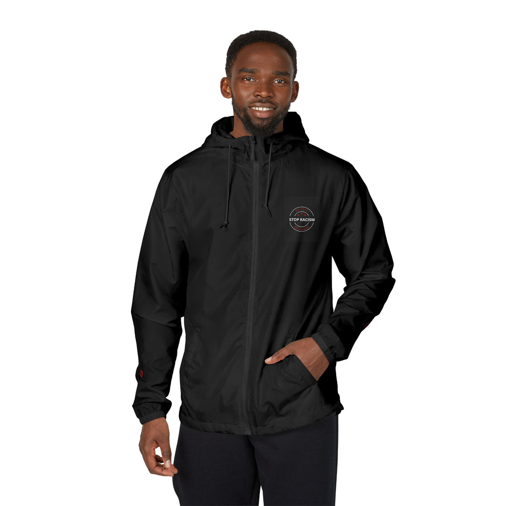 Windbreaker Jacket — Minimal White Camo Hooded Windbreaker with Small Chest Patch & Sleeve Logos