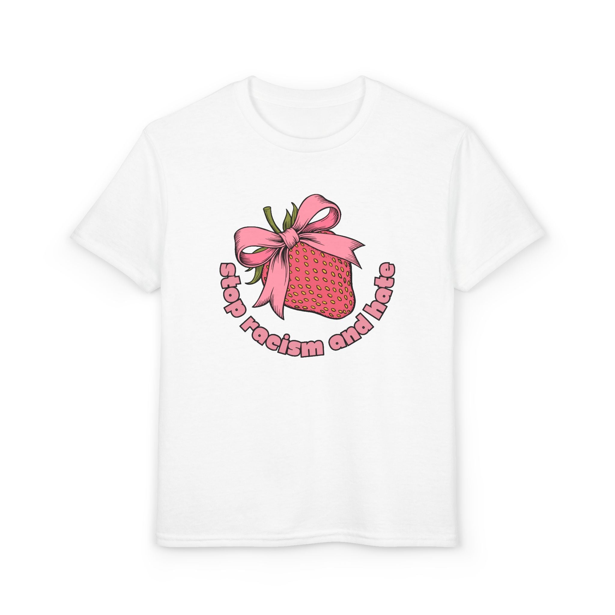 Youth T-Shirt — Cute Pink Gift Box Graphic with "Stop, Realism and Races" Slogan