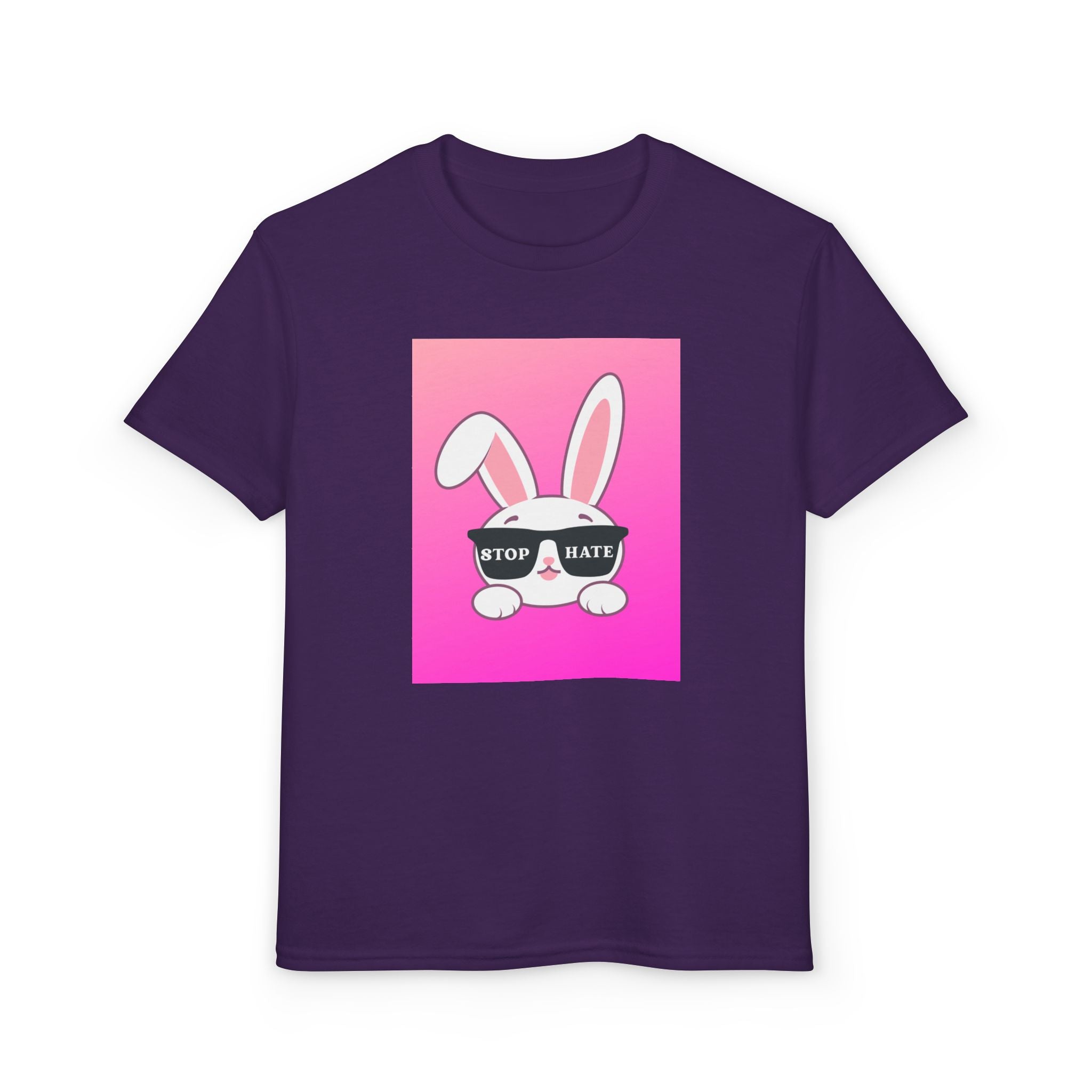 Youth T-Shirt — Pink Bunny "Stop Hate" Graphic
