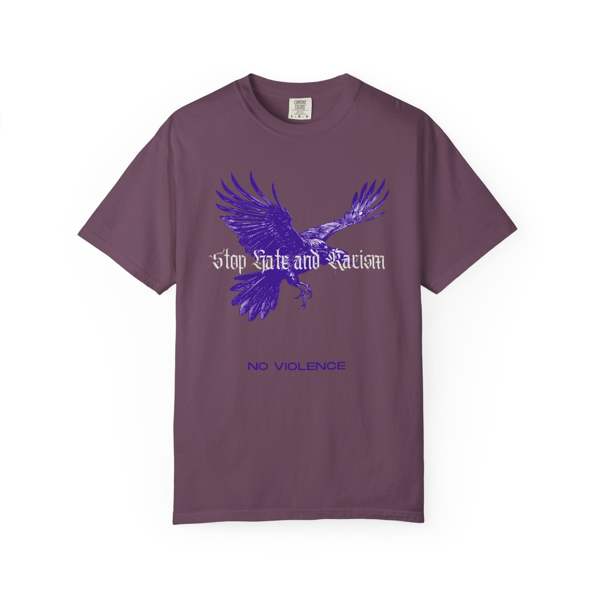 No Violence Raven T-Shirt — Purple Flying Crow Graphic Tee