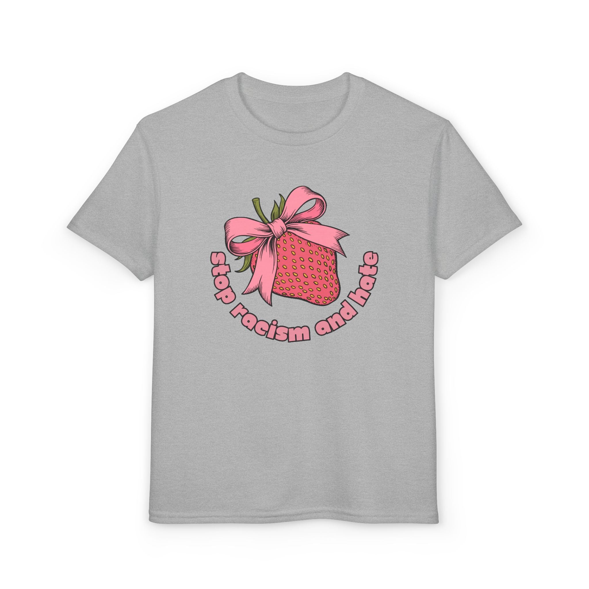 Youth T-Shirt — Cute Pink Gift Box Graphic with "Stop, Realism and Races" Slogan