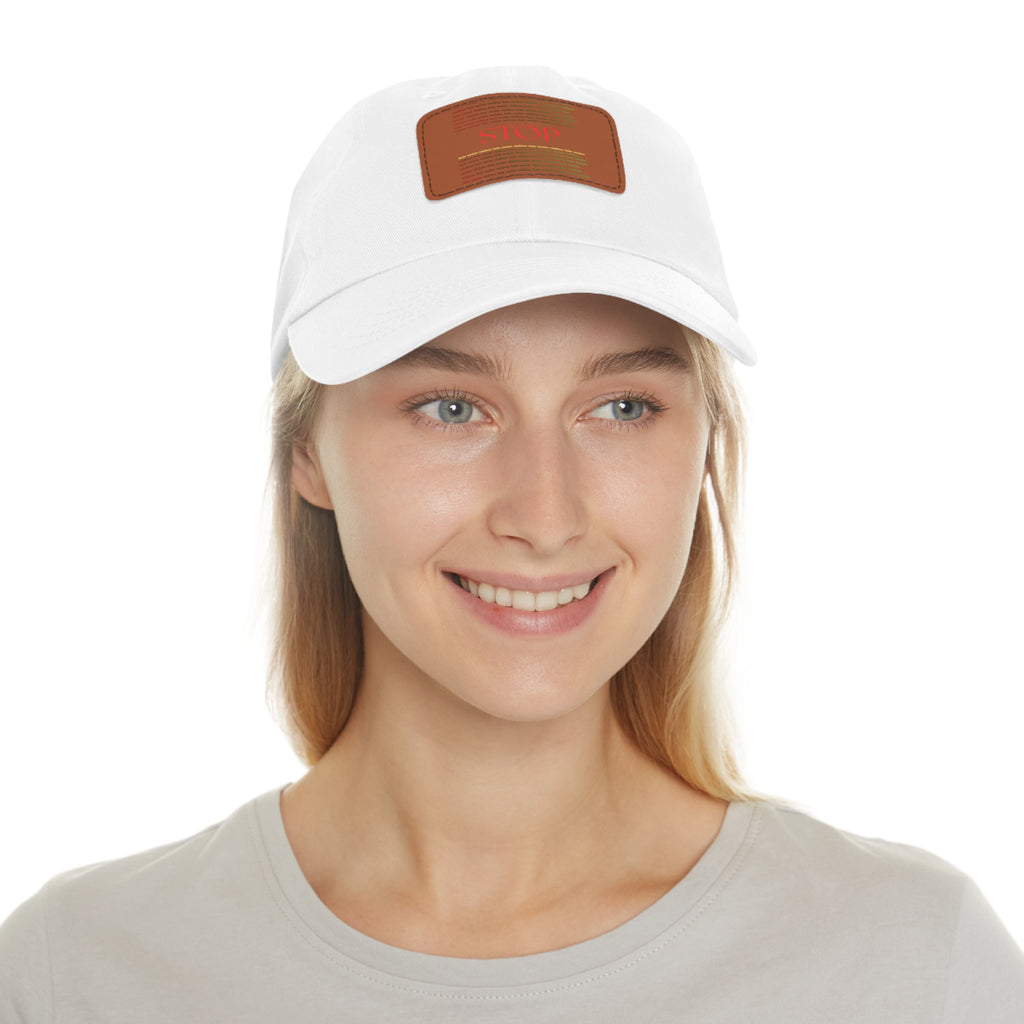 Leather Patch Dad Hat — 'STOP' Embossed Casual Baseball Cap