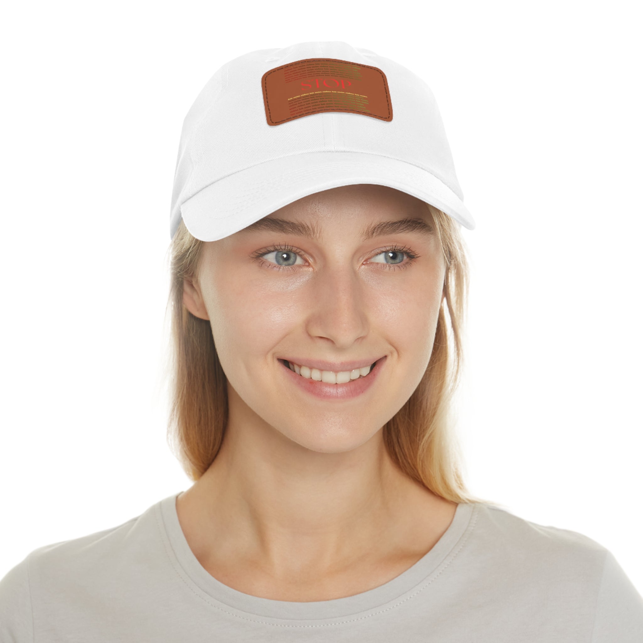 Leather Patch Dad Hat — 'STOP' Embossed Casual Baseball Cap