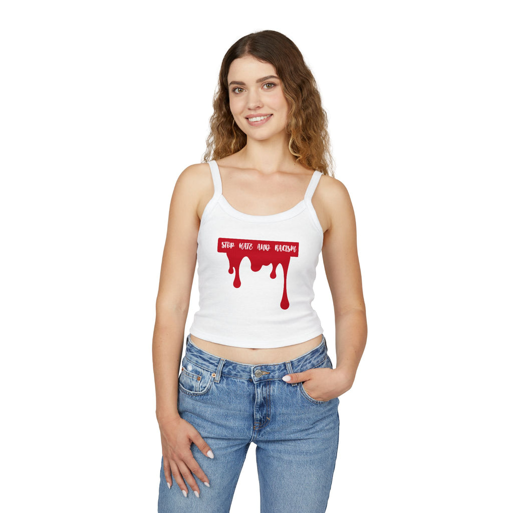 Stop Hate And Racism Spaghetti Strap Tank Top — Anti-Racism Graphic Crop