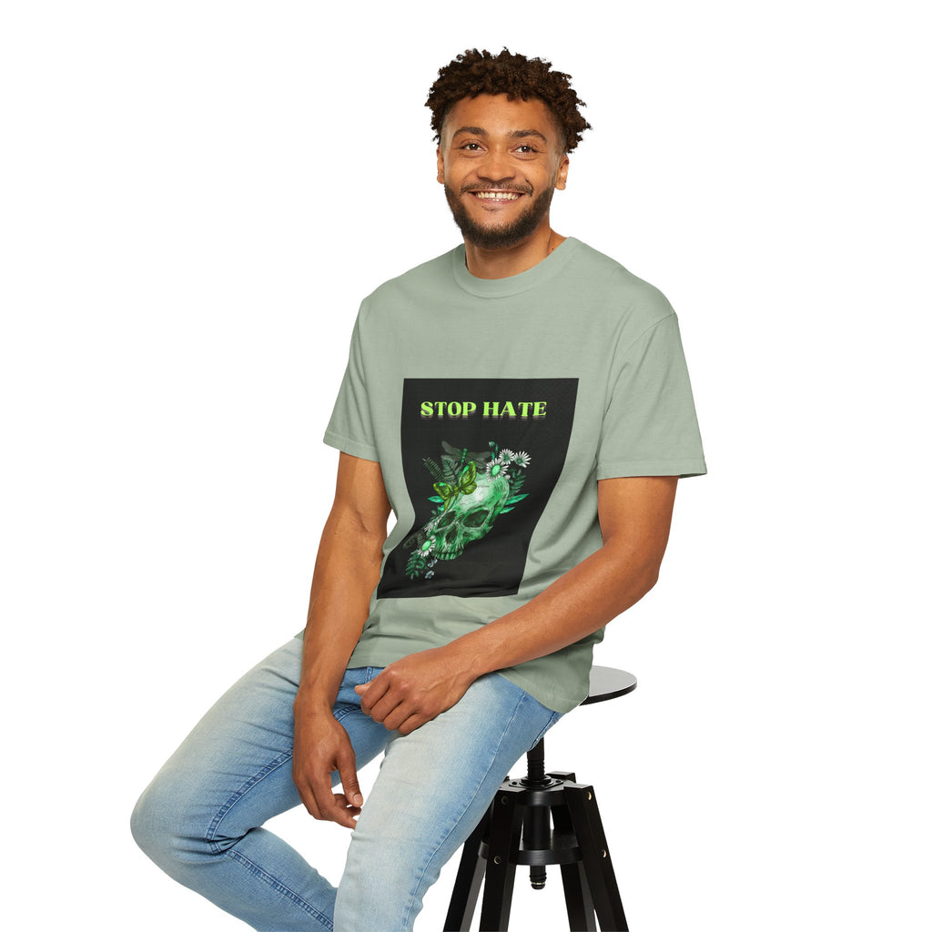 Stop Hate Skull T-Shirt — Green Floral Skull Graphic Tee