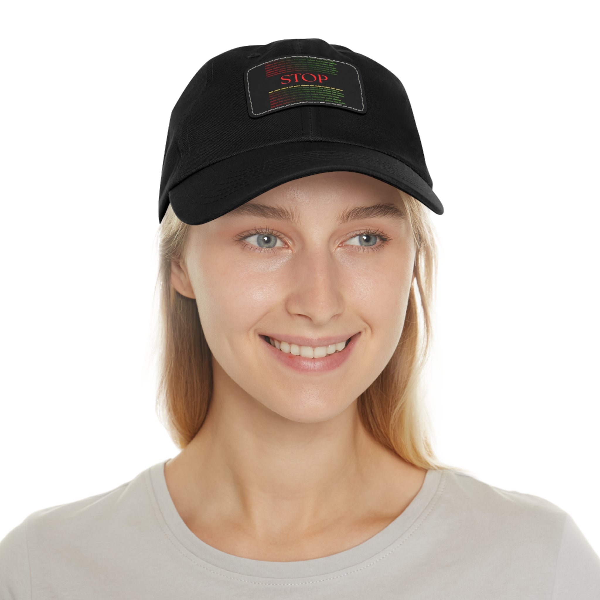 Leather Patch Dad Hat — 'STOP' Embossed Casual Baseball Cap