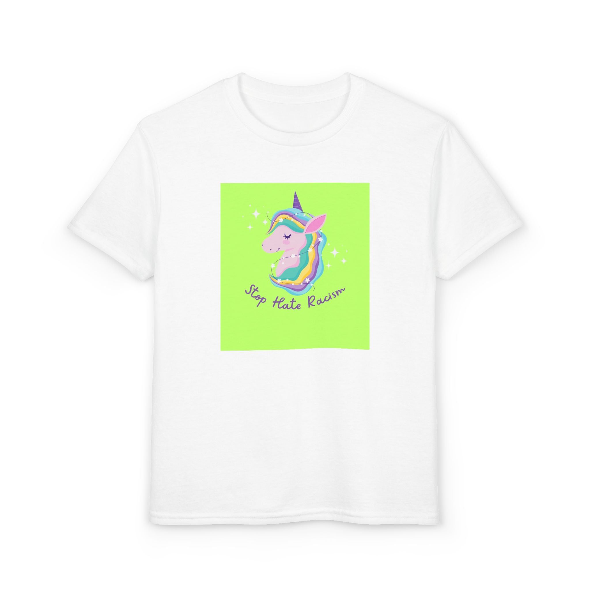 Youth T-Shirt — Rainbow Unicorn “Stop Hate Racism” Graphic