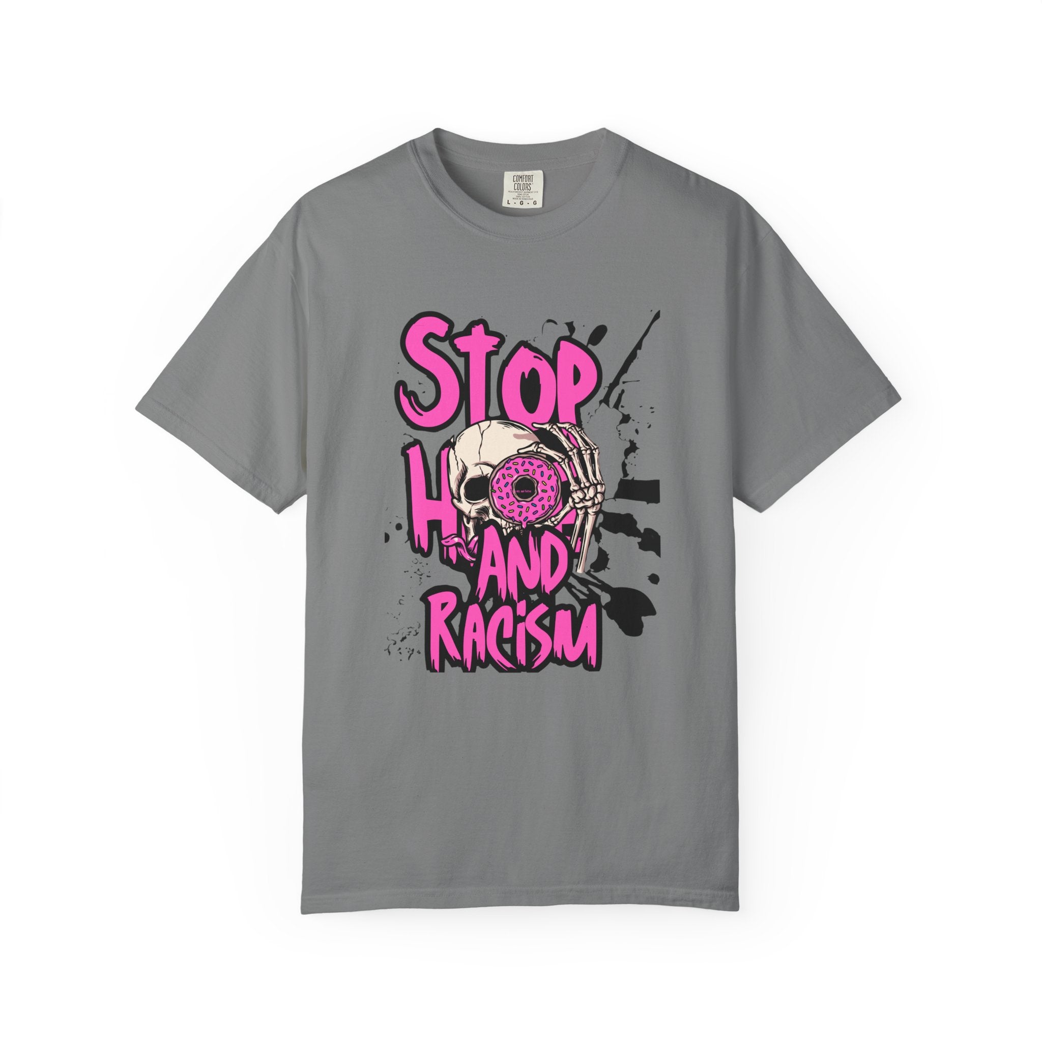 Stop H8 and Racism Graphic Tee — Anti-Racism Skull Donut Protest T-Shirt
