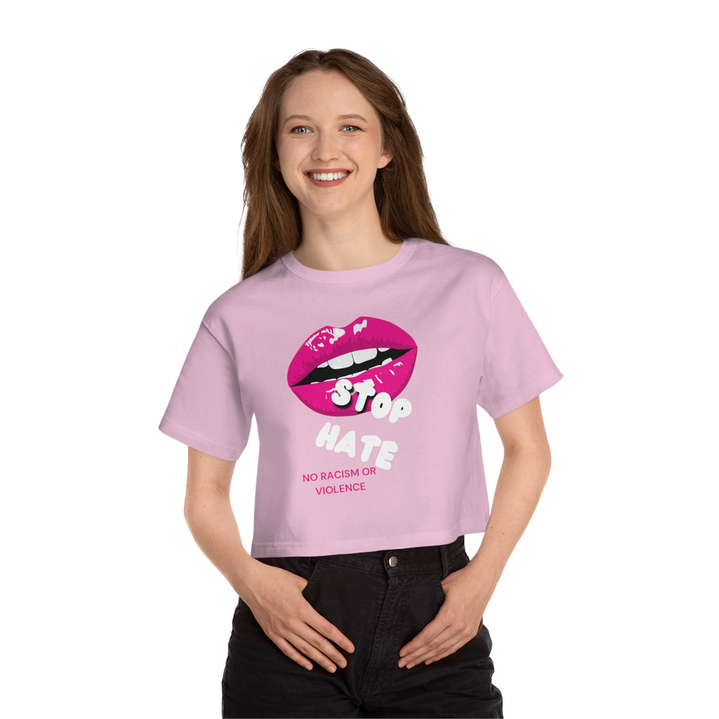 Cropped Graphic Tee — Pink Lips "No Racism or Violence" Statement Shirt