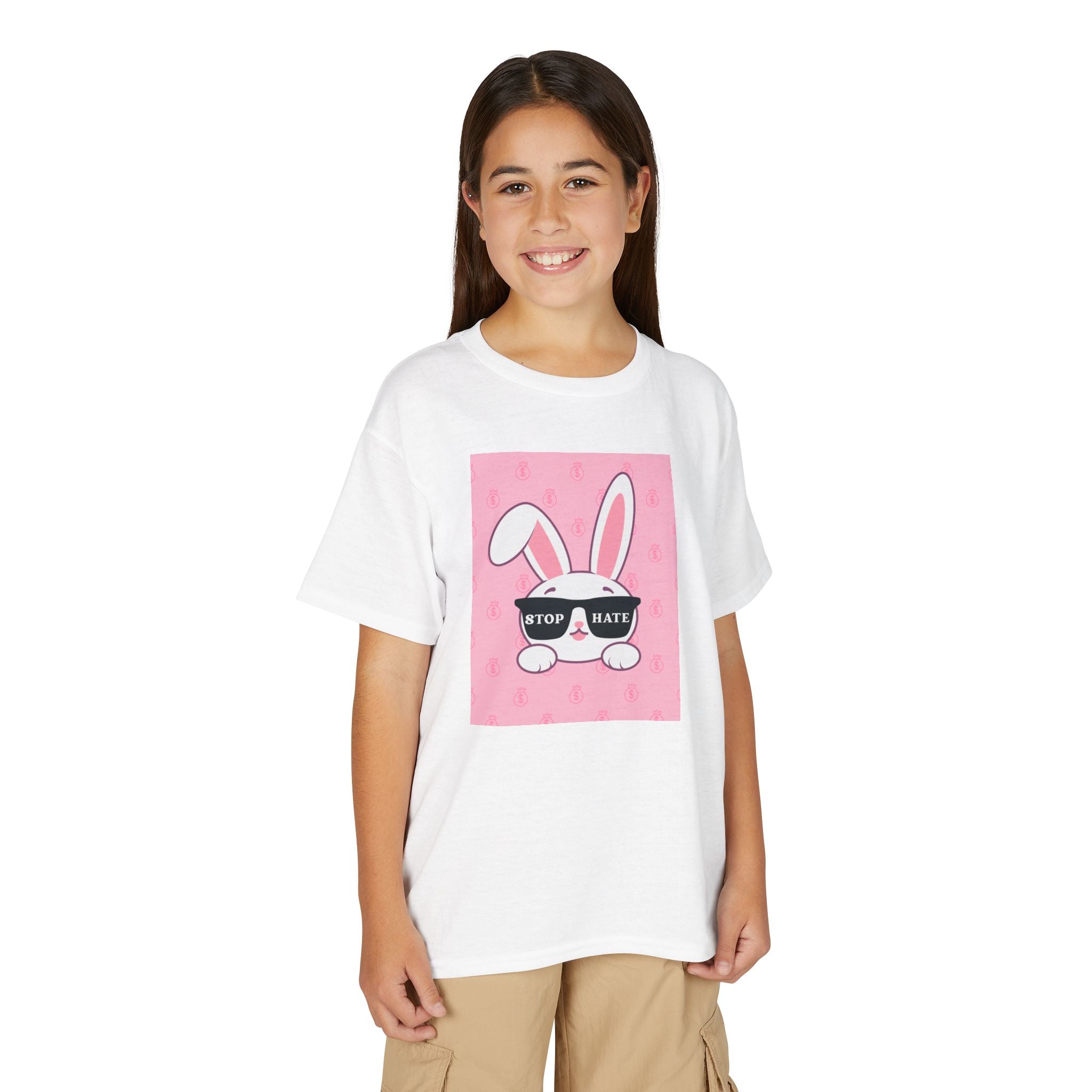 Youth T-Shirt — Pink Bunny Wearing "Stop Hate" Sunglasses Kids Tee