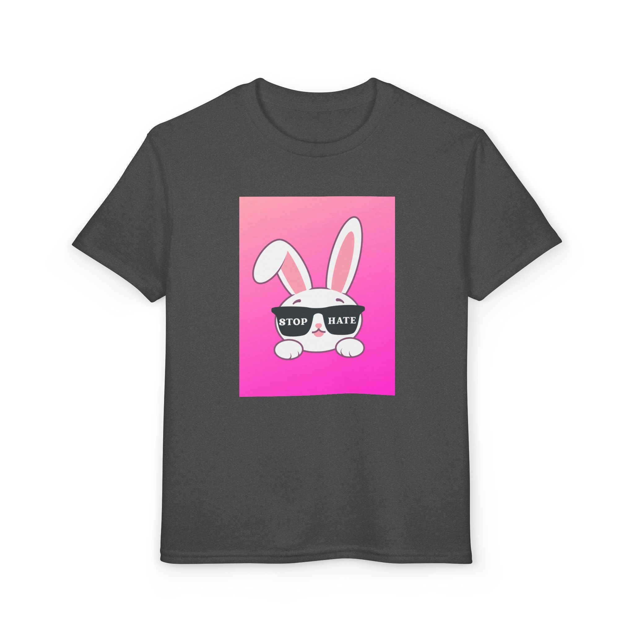 Youth T-Shirt — Pink Bunny "Stop Hate" Graphic