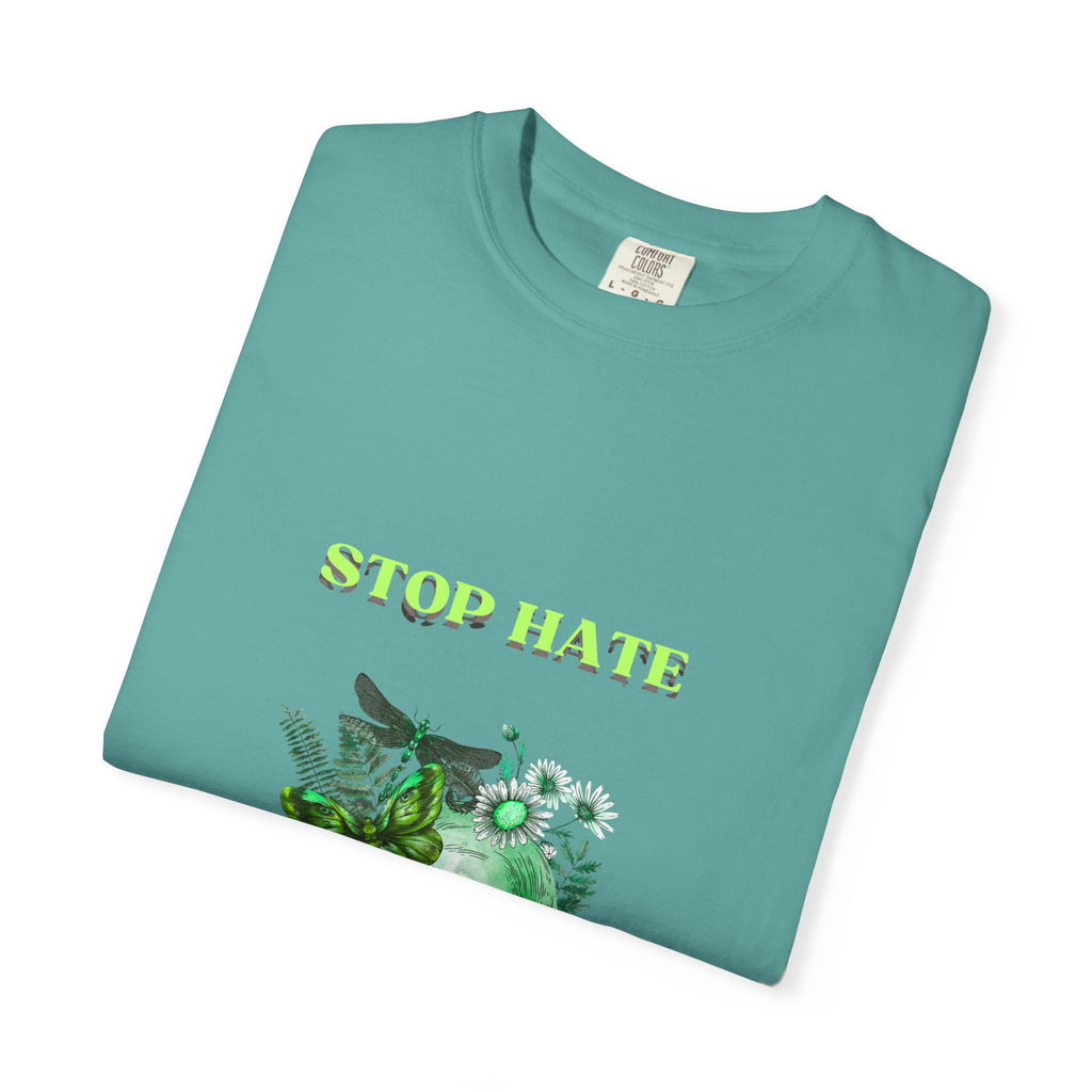 Stop Hate Skull T-Shirt — Green Floral Skull Graphic Tee