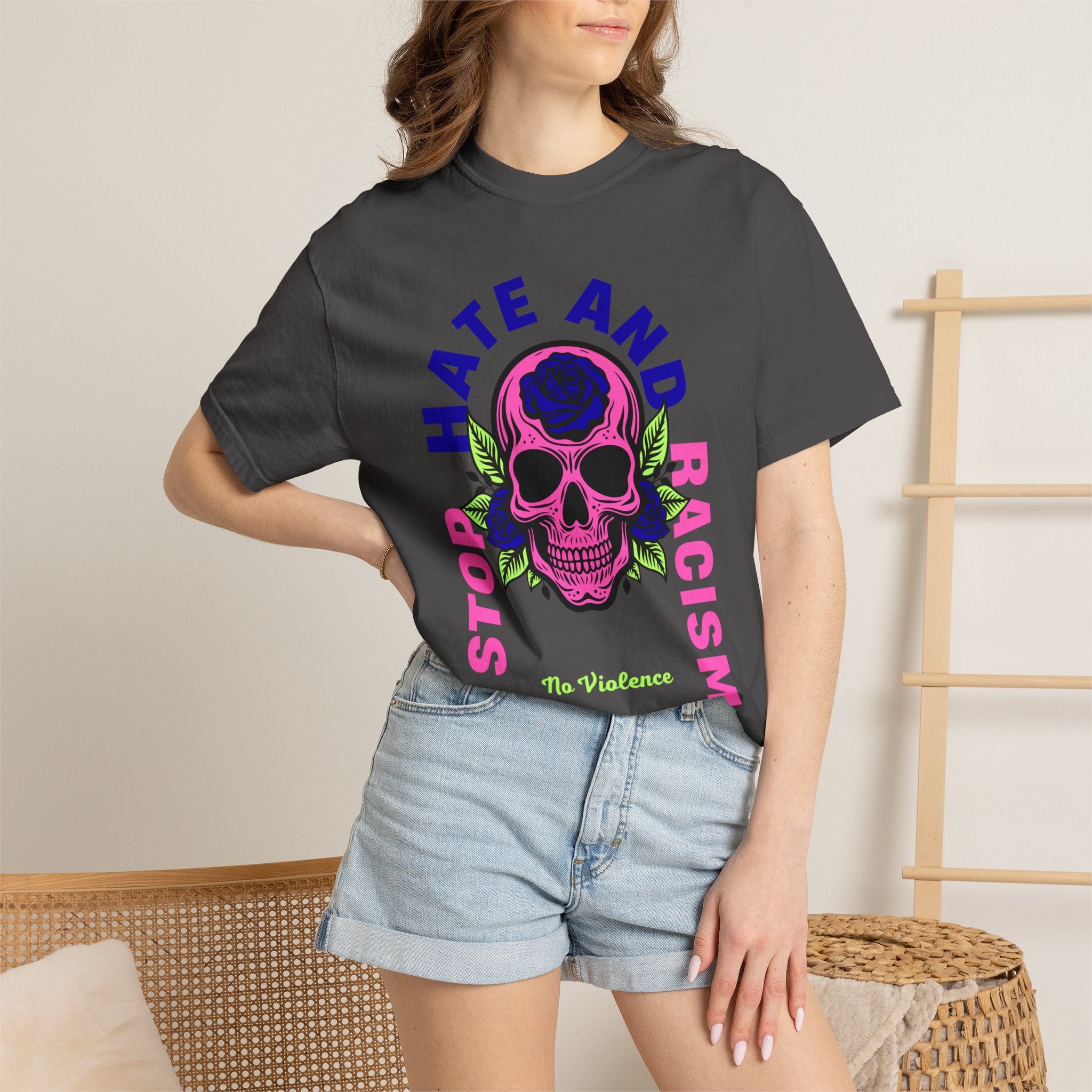Stop Hate and Racism Skull T-Shirt — Anti-Racism Statement Tee