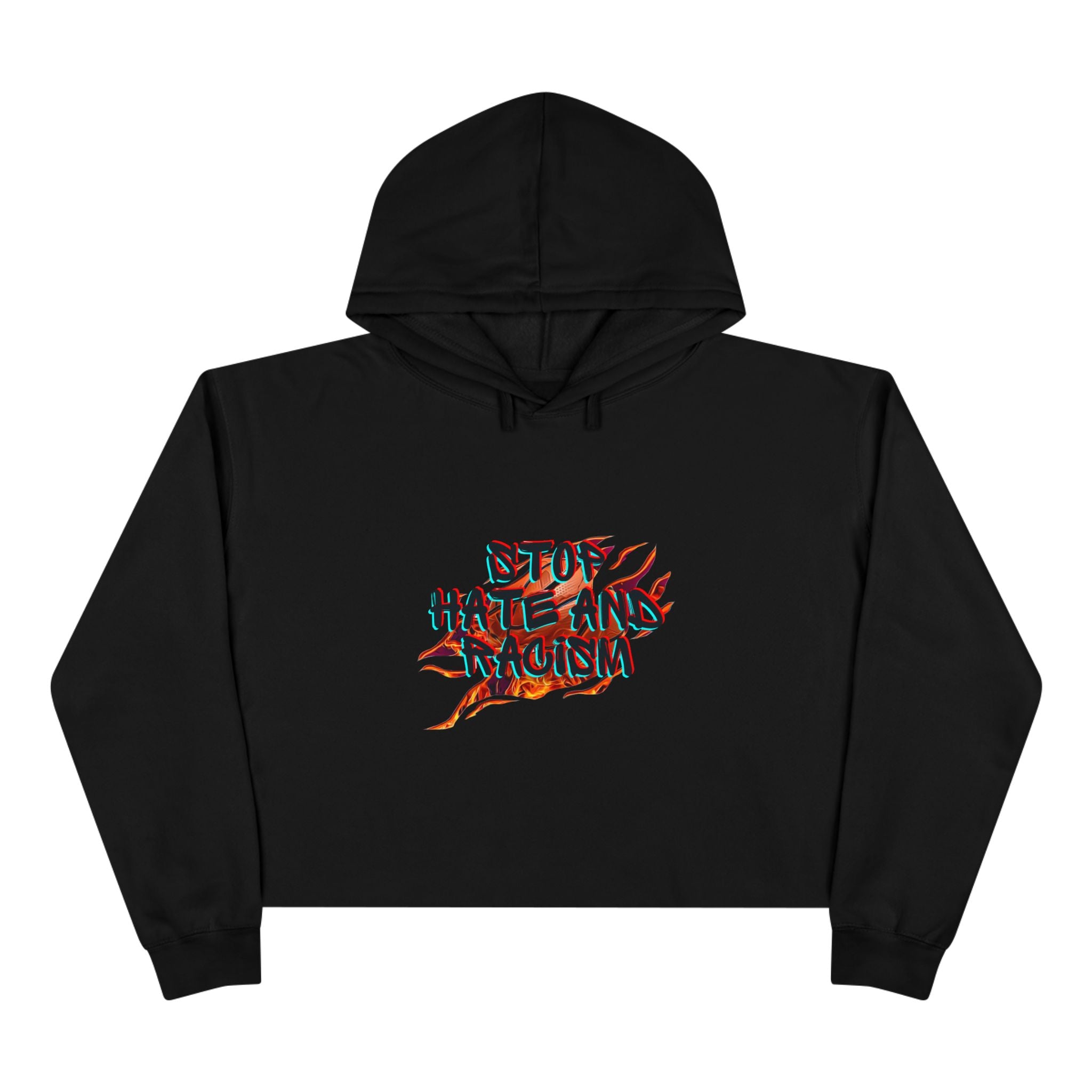 Crop Hoodie — “Stop Hating, Start Living” Flame Graphic Cropped Hoodie