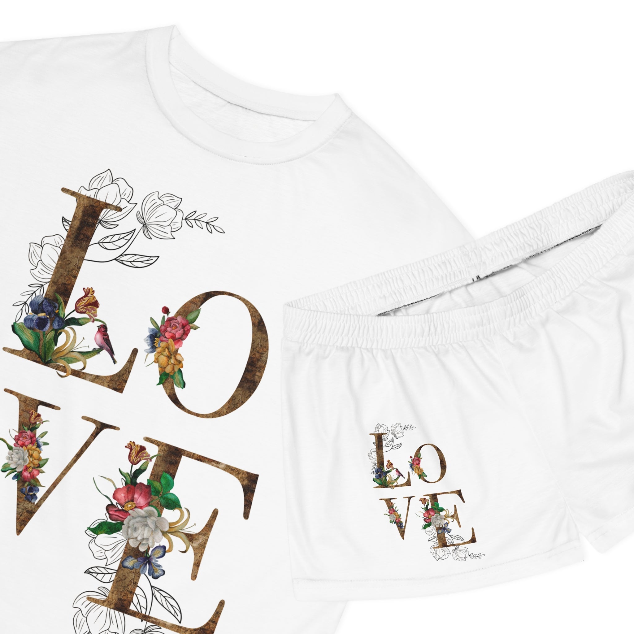 Women's Floral 'LOVE' Short Pajama Set - Cozy Romantic Sleepwear