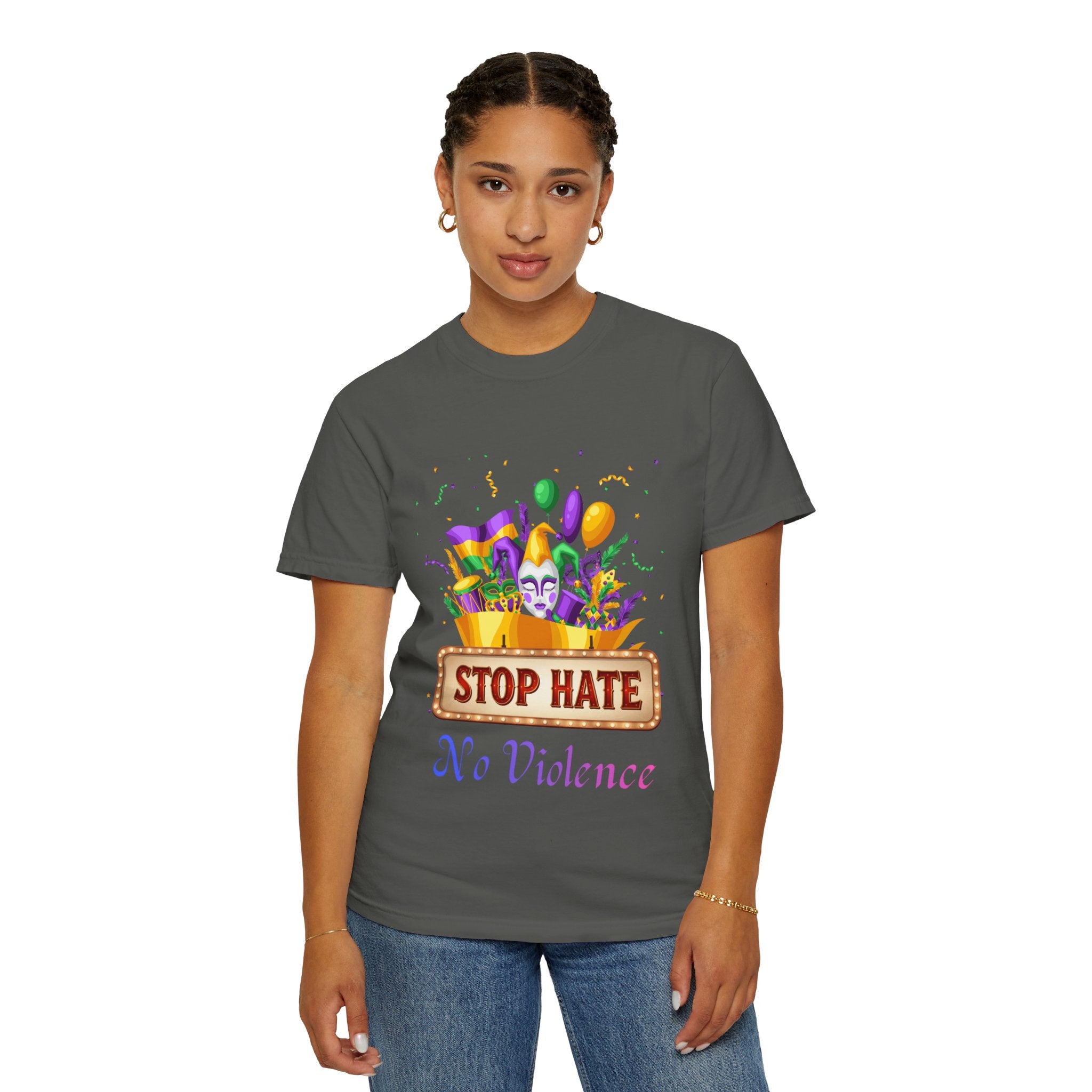 T-Shirt — "Stop Hate, No Violence" Mardi Gras Parade Design