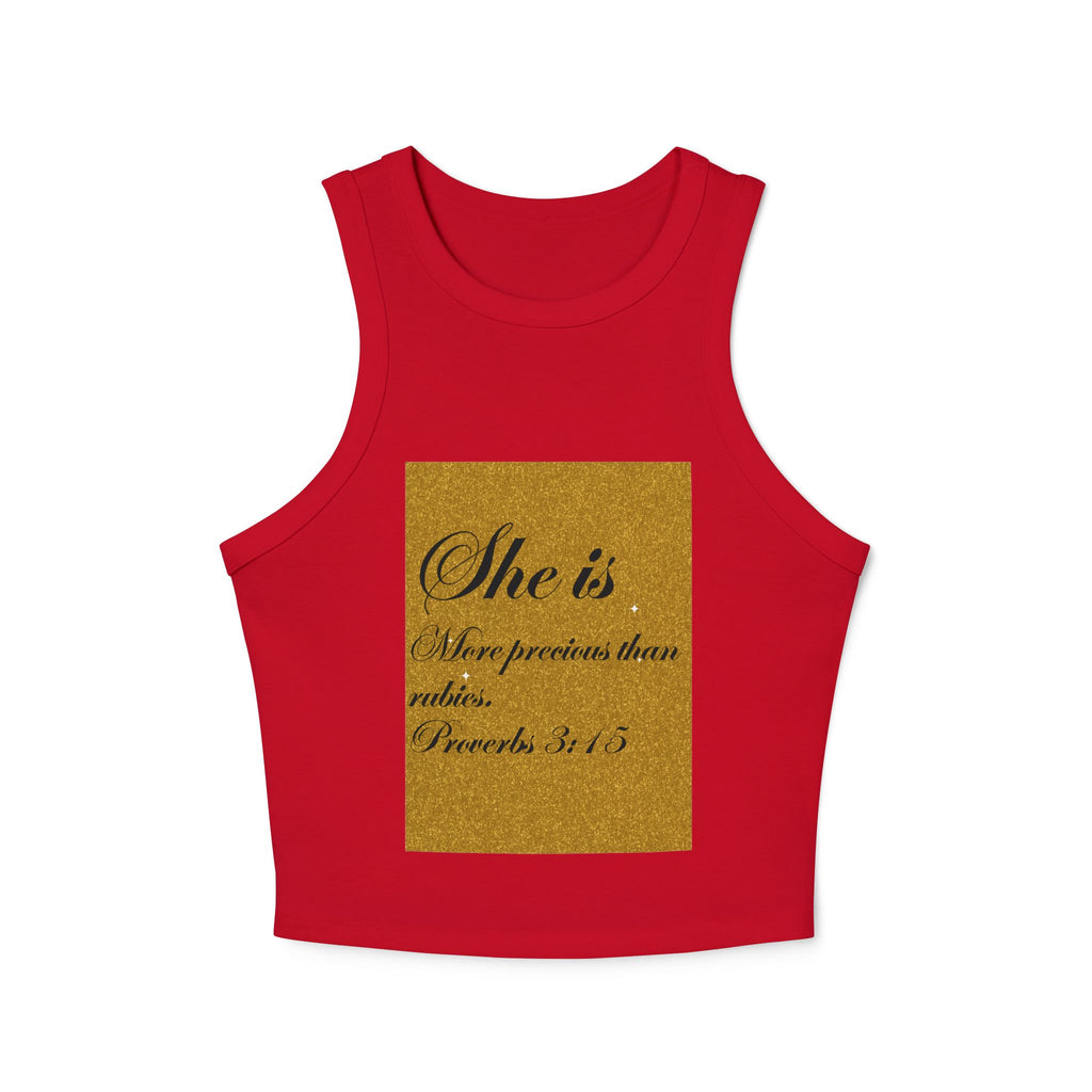 Women's Racer Tank Top — "She is More Precious than Rubies" Proverbs 3:15 Scripture Tank
