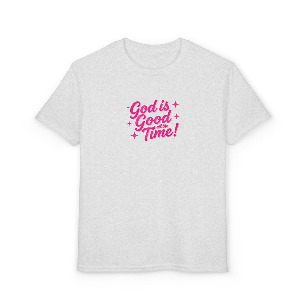 Youth T-Shirt — "God Is Good Time!" Pink Script Faith Tee